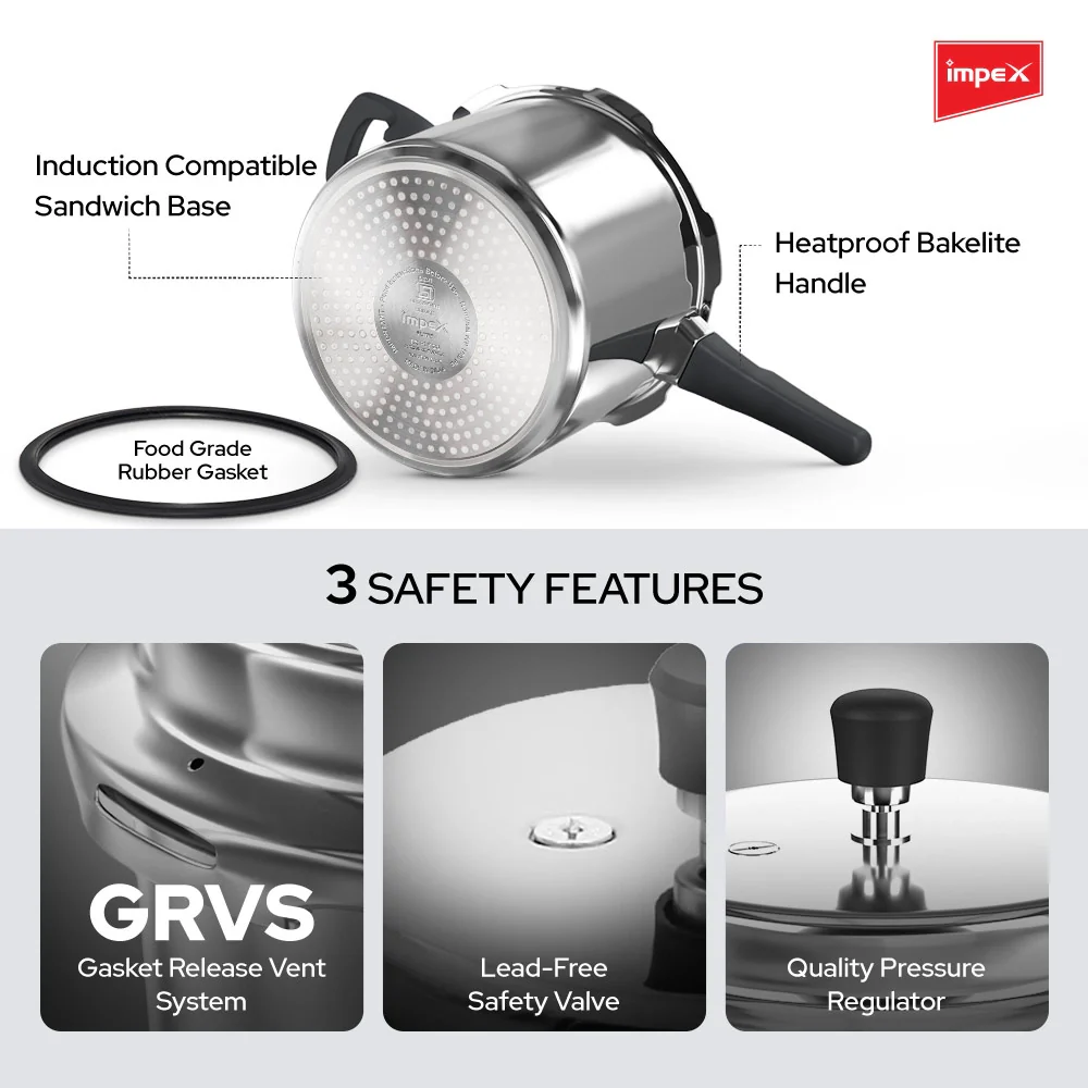 Impex EP Induction Base Stainless Steel Pressure Cooker, 2 litres, Silver - Image 3