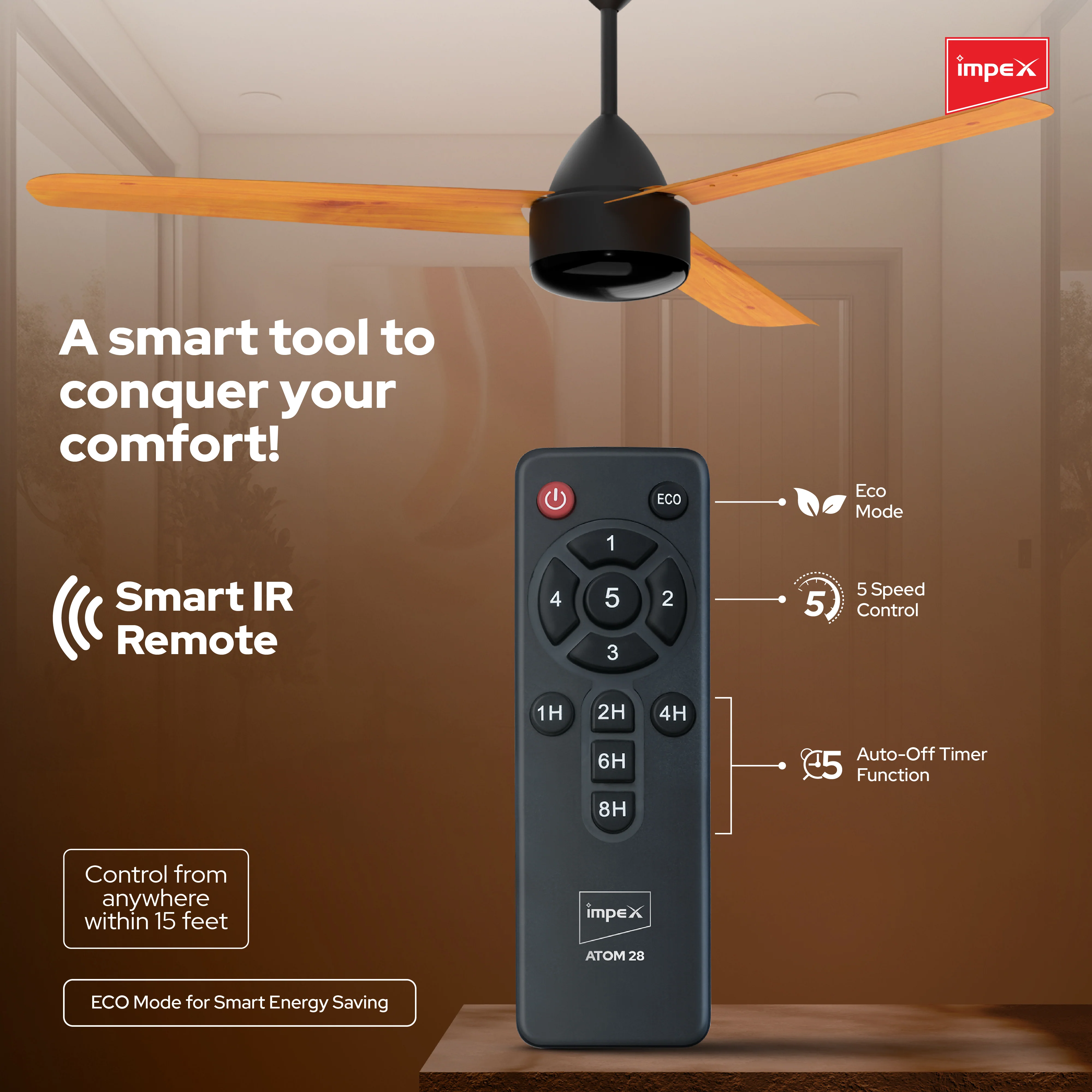 IMPEX Atom 28 Classic TW, 5 Star 1200 mm BLDC Motor with Remote 3 Blade Ceiling Fan - Image 5