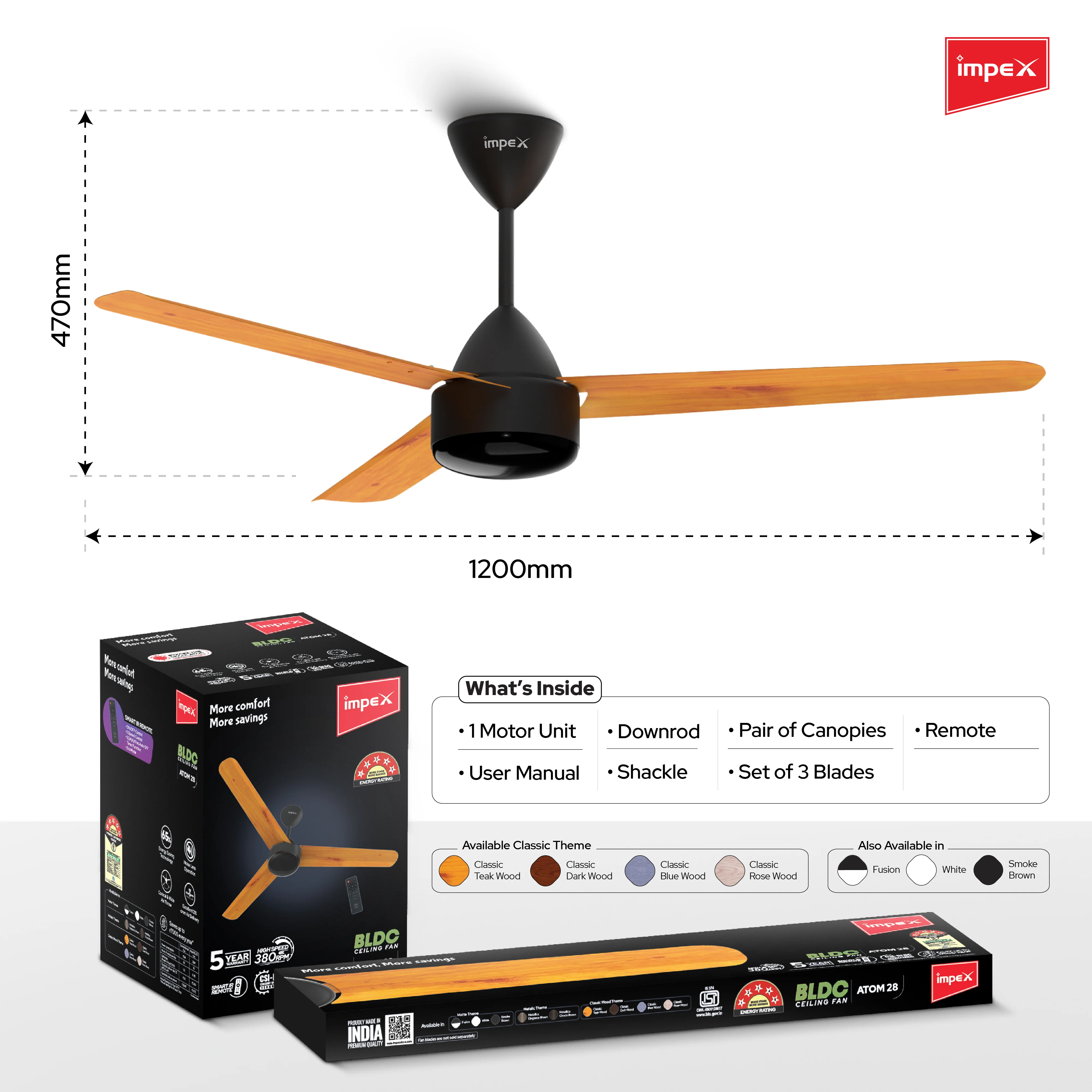 IMPEX Atom 28 Classic TW, 5 Star 1200 mm BLDC Motor with Remote 3 Blade Ceiling Fan - Image 8