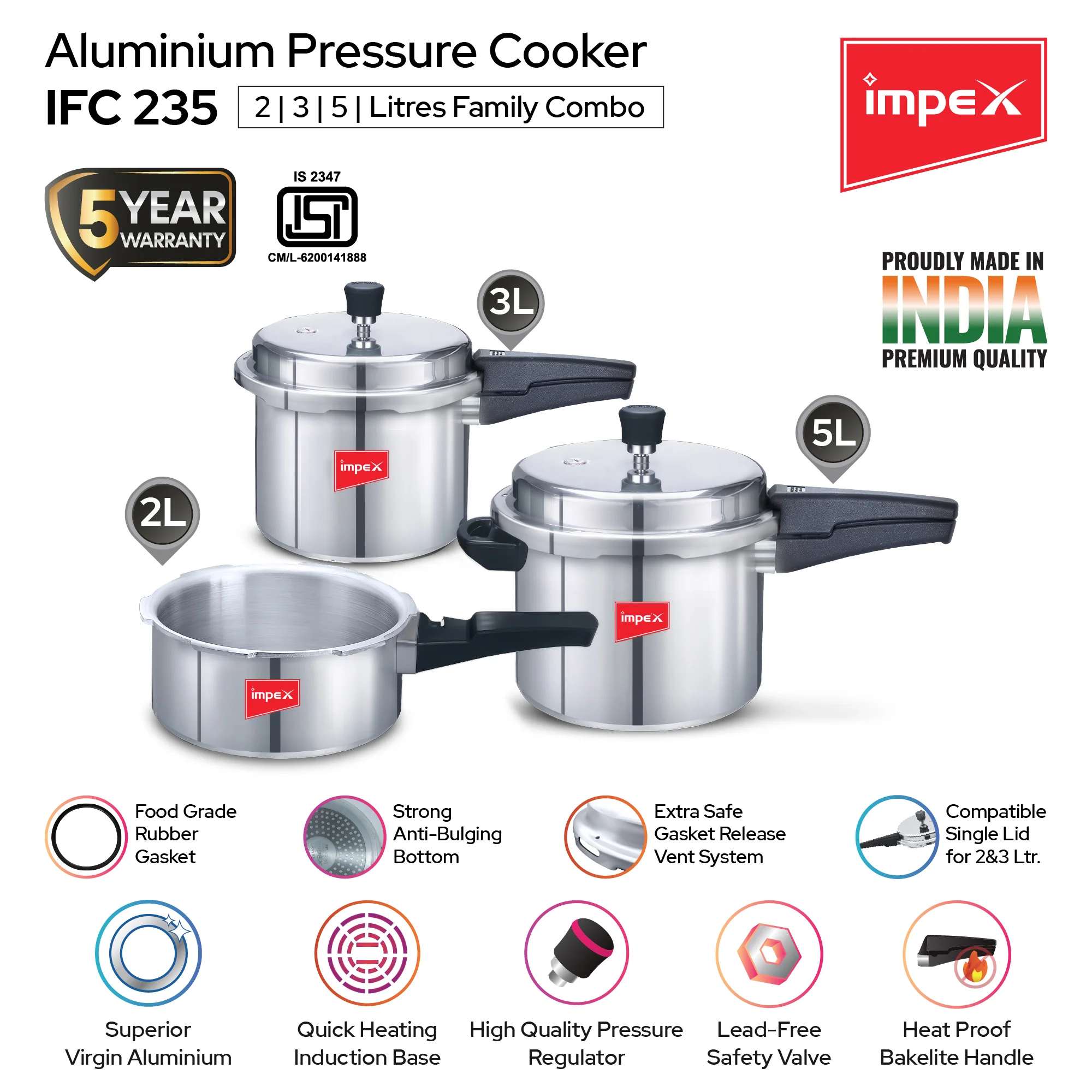 Migo Induction Base Combo 2 L, 3 L, 5 L Aluminium Pressure Cooker(Pack of 3) - Image 3