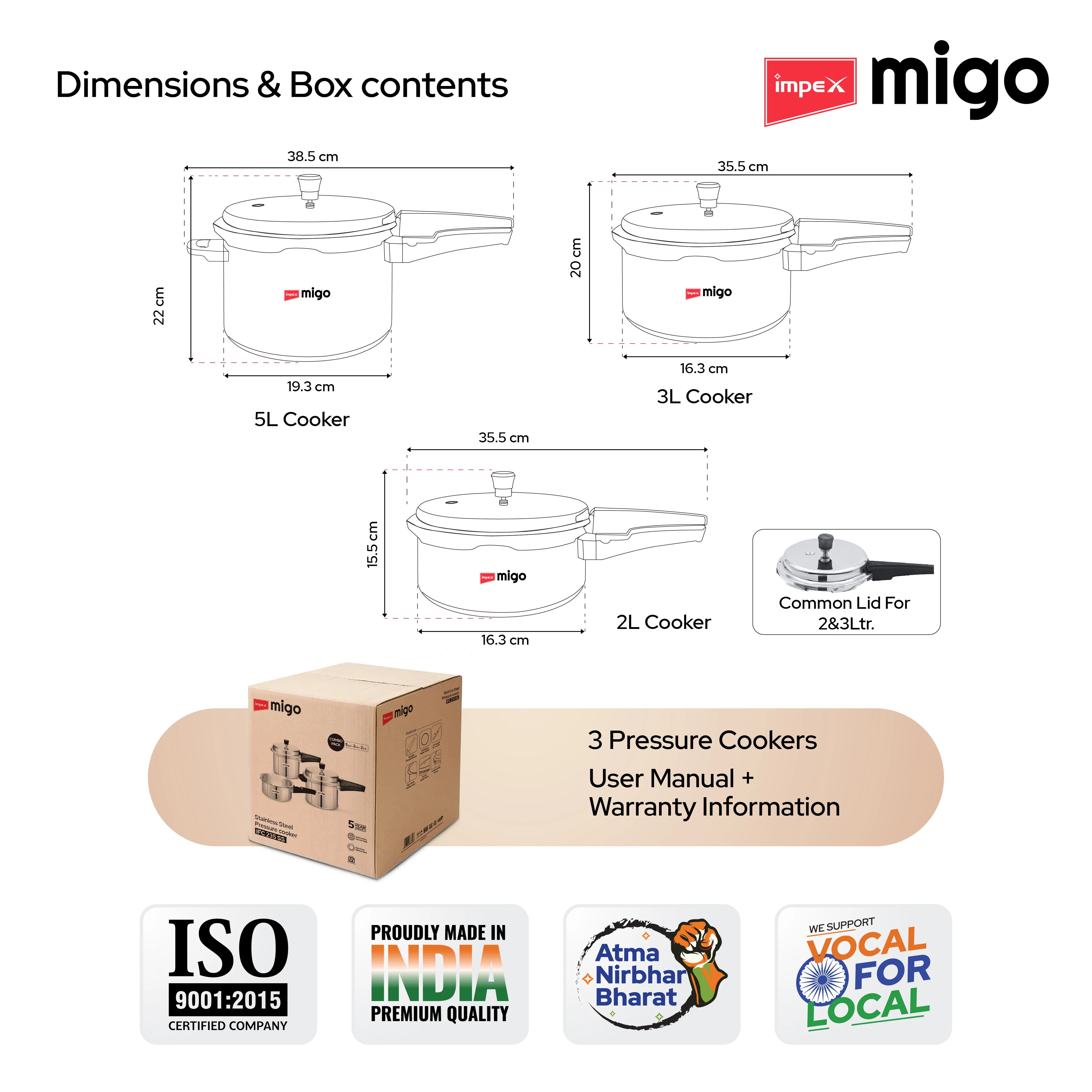 Migo Stainless Steel Pressure cooker IFC 235 SS 5 L, 3 L, 2 L Induction Bottom (Pack of 3) - Image 11