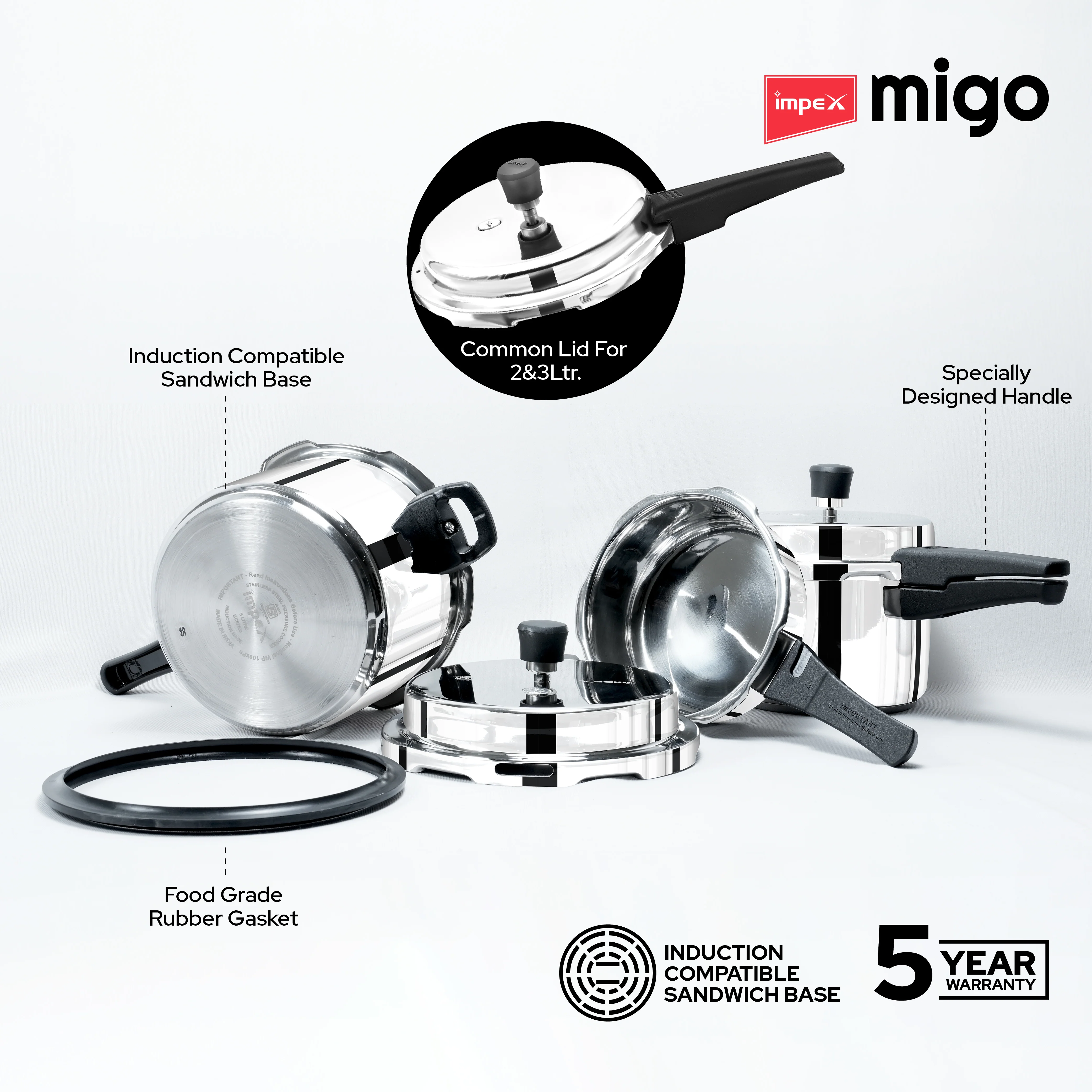 Migo Stainless Steel Pressure cooker IFC 235 SS 5 L, 3 L, 2 L Induction Bottom (Pack of 3) - Image 4