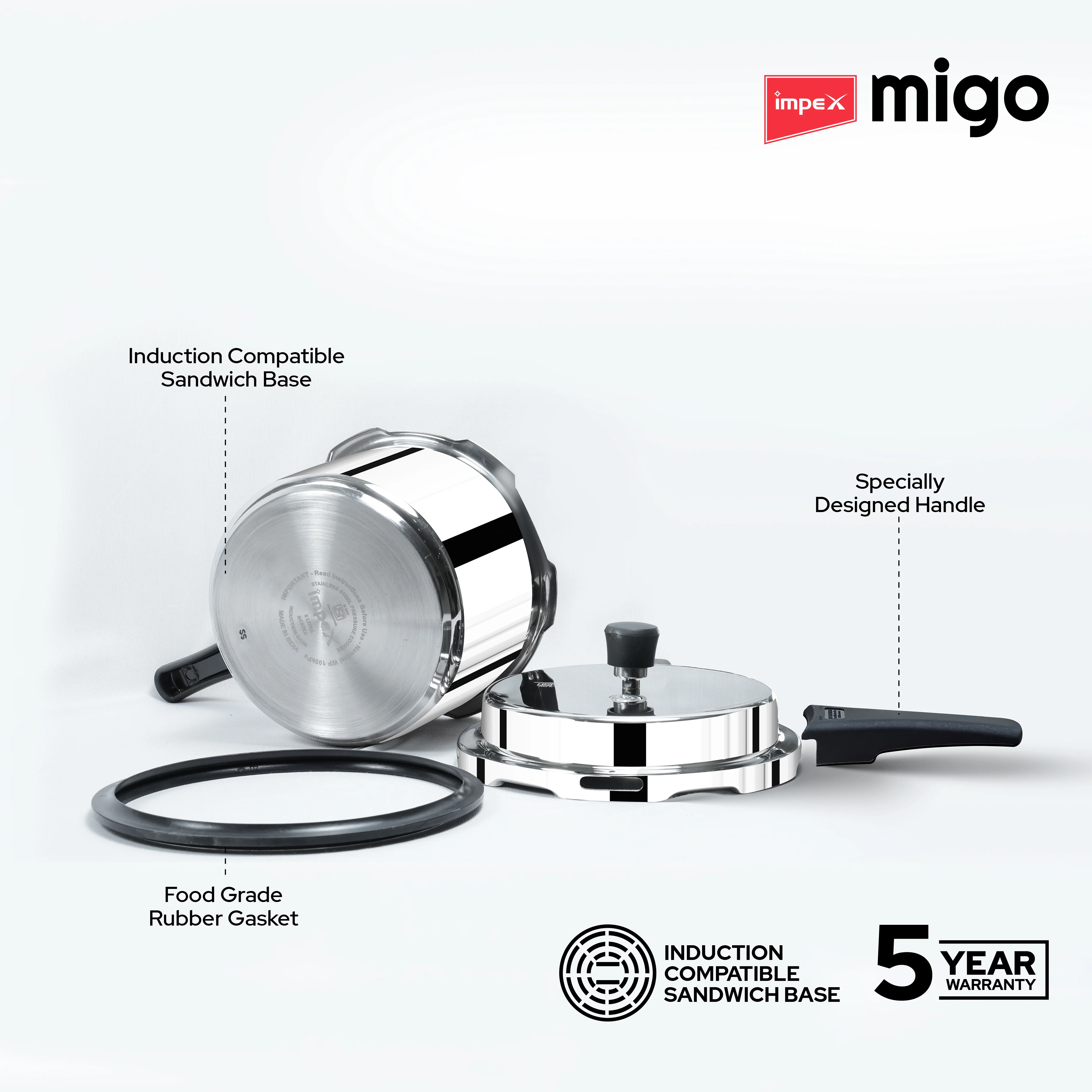 IMPEX Migo 3 L Stainless Steel Pressure cooker IFC 3 SS Induction Bottom (Stainless Steel) - Image 4