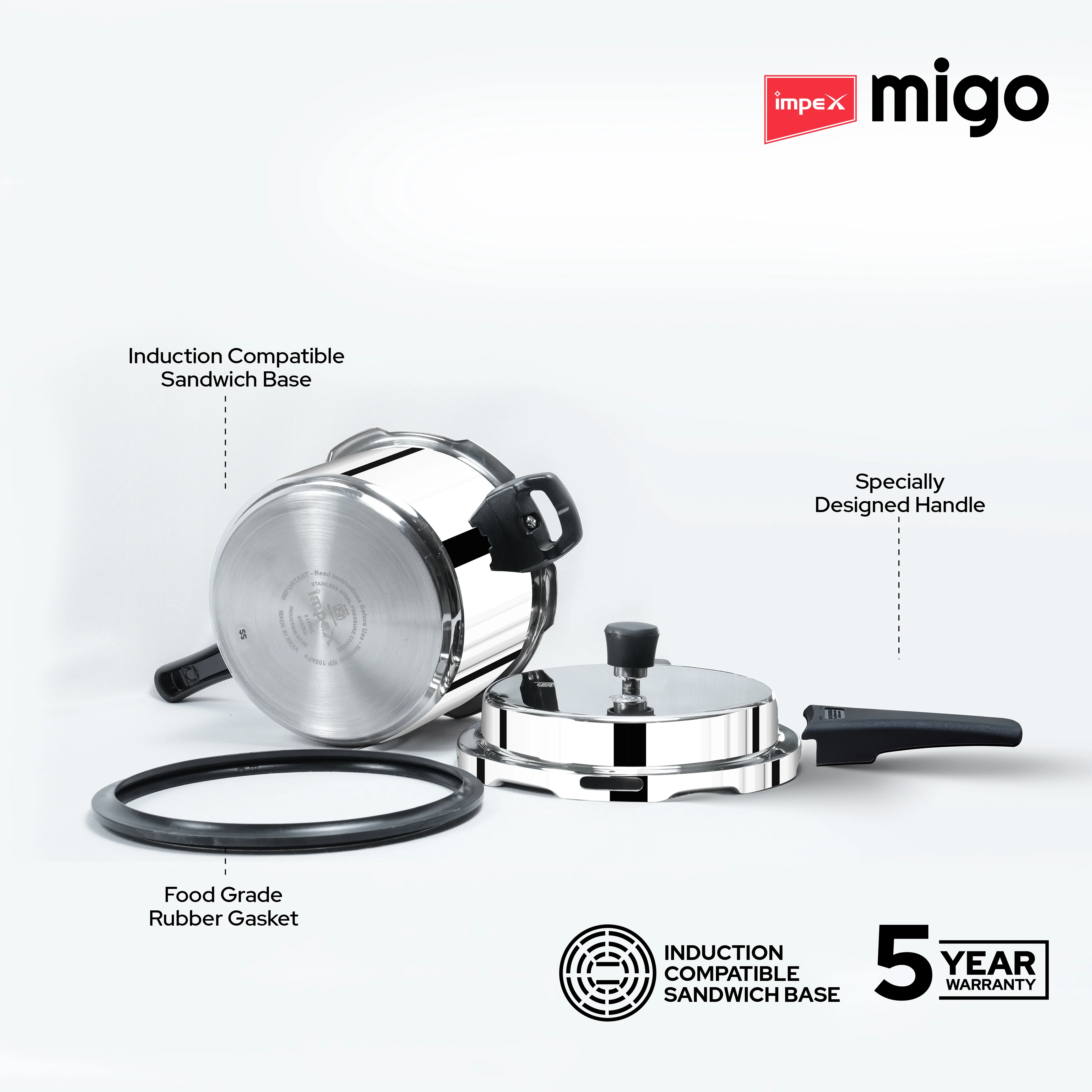 IMPEX Migo 5 L Stainless Steel Pressure cooker IFC 5 SS Induction Bottom (Stainless Steel) - Image 3