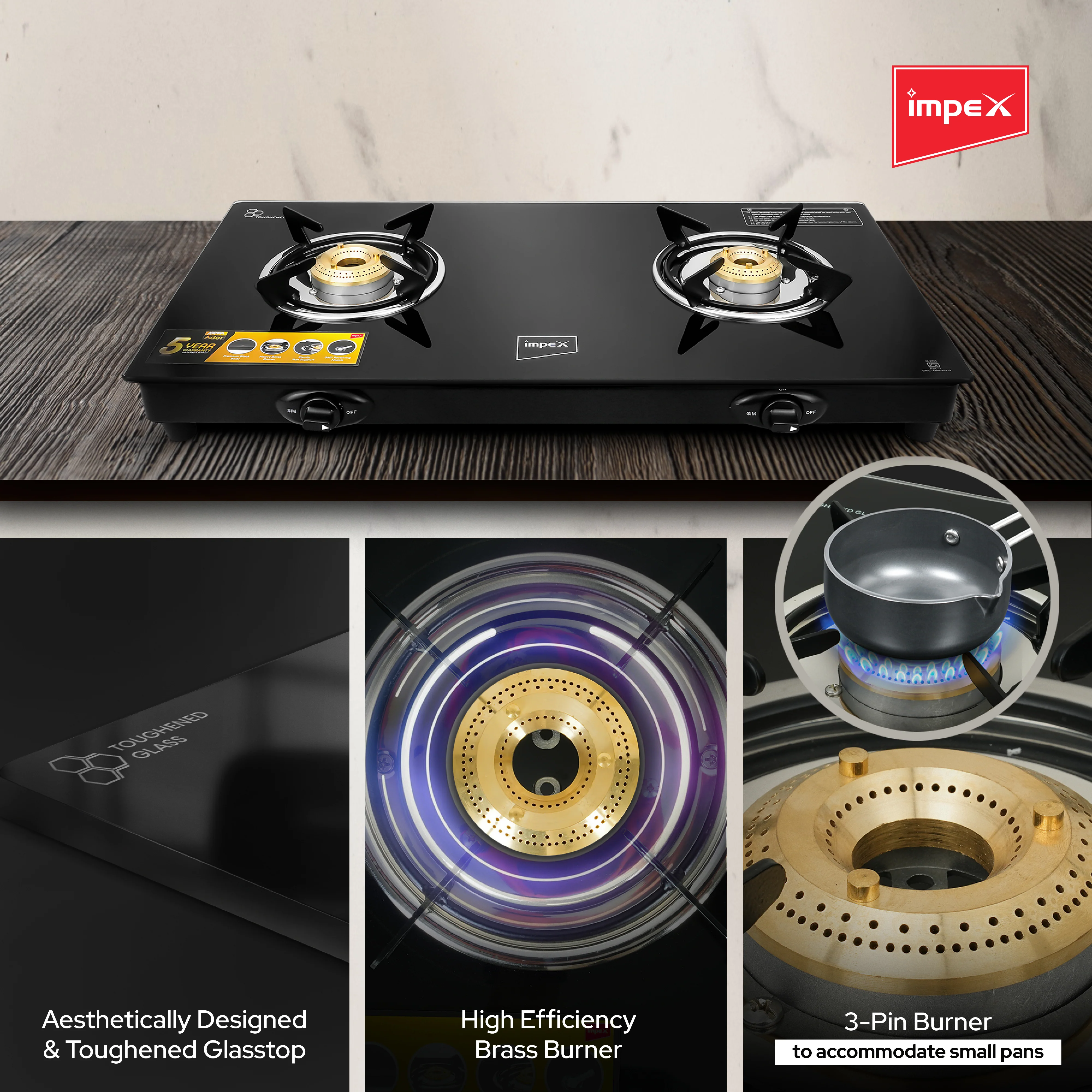 Impex Aspira Ador 2B Glasstop Gas Stove | 2 Brass Burners, Toughened Glass, Powder Coated Body, 2+5 Year Warranty | Black - Image 3