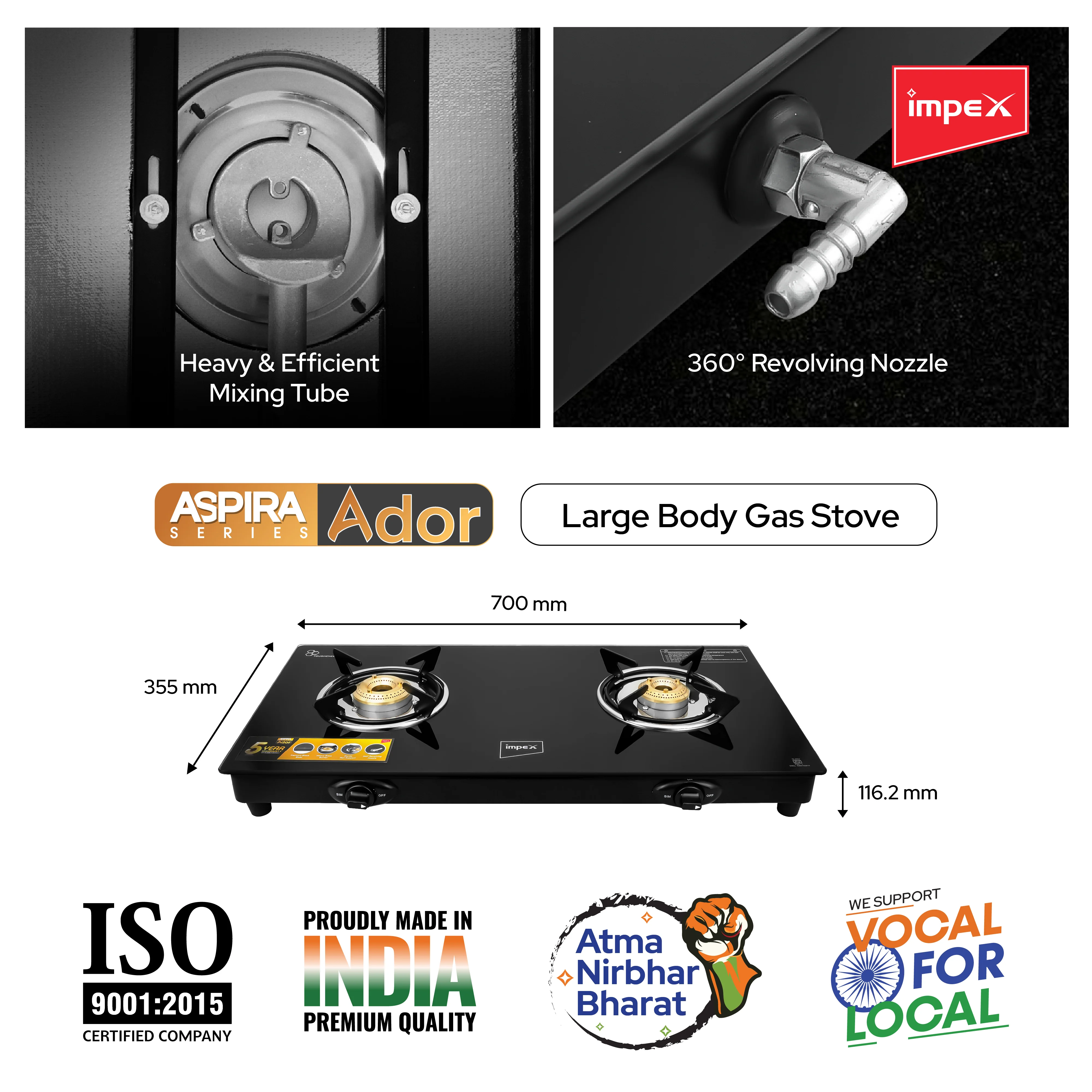 Impex Aspira Ador 2B Glasstop Gas Stove | 2 Brass Burners, Toughened Glass, Powder Coated Body, 2+5 Year Warranty | Black - Image 5