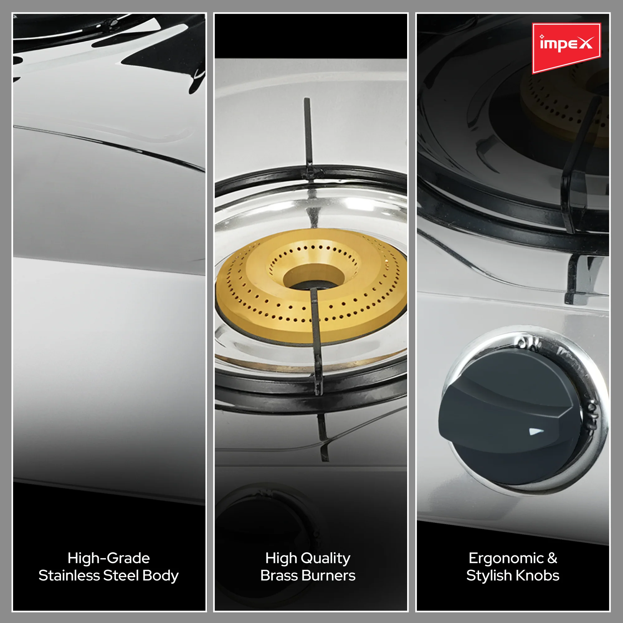 Impex Aura 3B Stainless Steel 3-Burner Gas Stove with 1 Jumbo, 2 Medium Burners, and 2-Year Warranty - Image 3