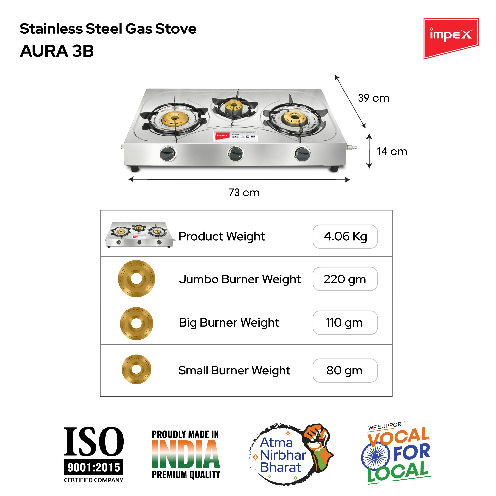 Impex Aura 3B Stainless Steel 3-Burner Gas Stove with 1 Jumbo, 2 Medium Burners, and 2-Year Warranty - Image 5
