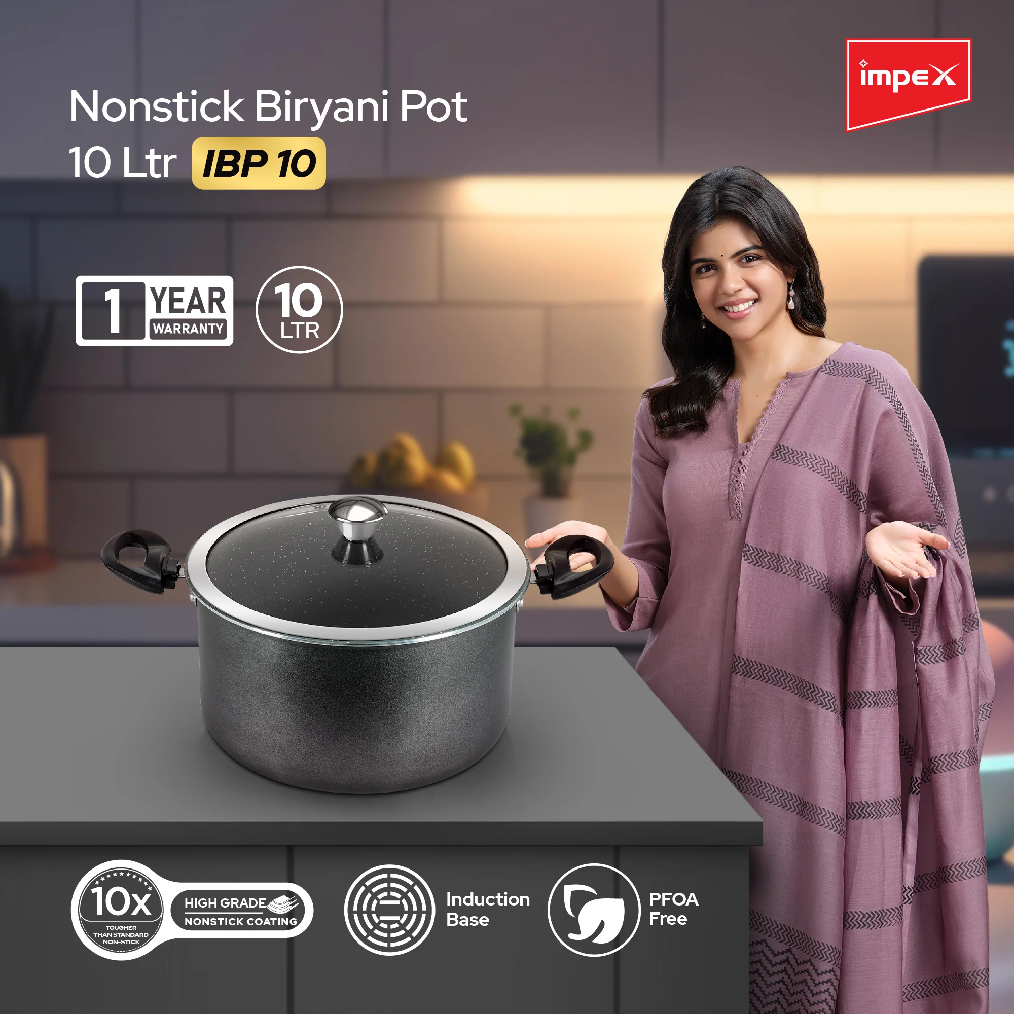 Impex Biryani Pot 10 Ltr With RIB (IBP10) – Non-Stick, Induction Friendly, Aluminium with Granite Coating, 1-Year Warranty - Image 3