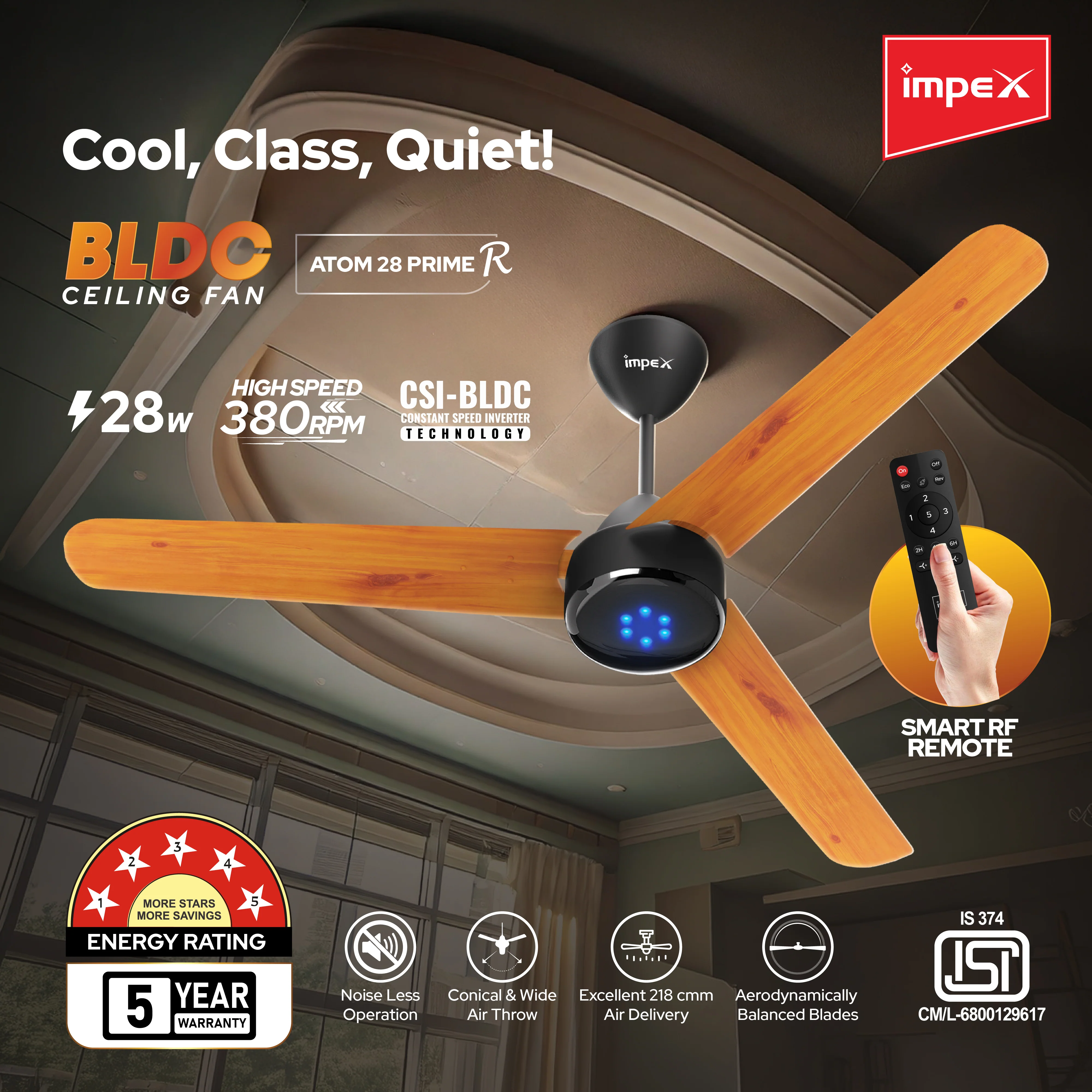 Impex 1200mm Ceiling Fan BLDC ATOM 28 PRIME R with Remote - 5 Star | 5 Year Warranty - Image 3
