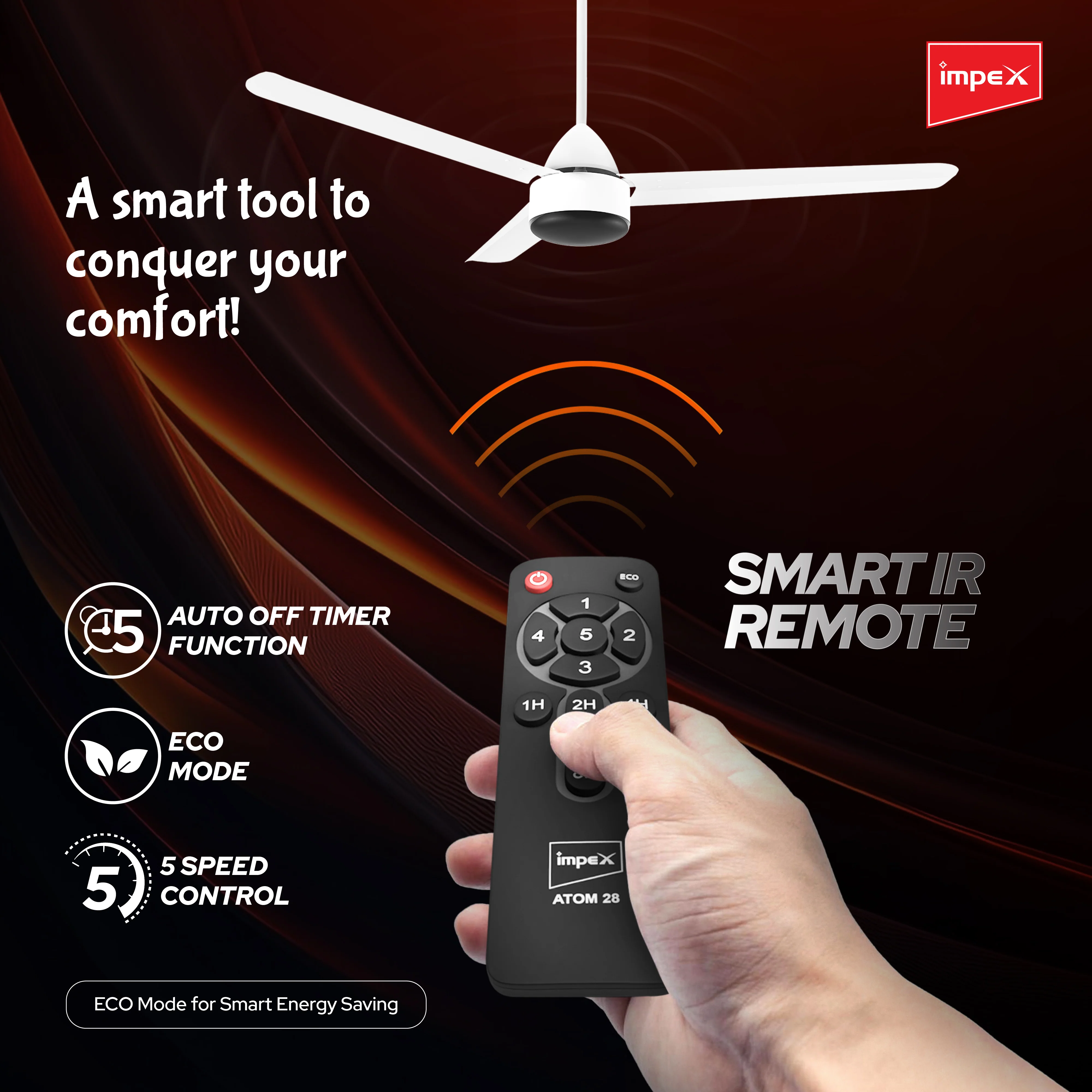 Impex BLDC Ceiling Fan ATOM 28 5 Star Rated Ceiling Fans for Home with Remote Control | Upto 65% Energy Saving High Speed Fan Having 5 Years Warranty (Matte White) - Image 3