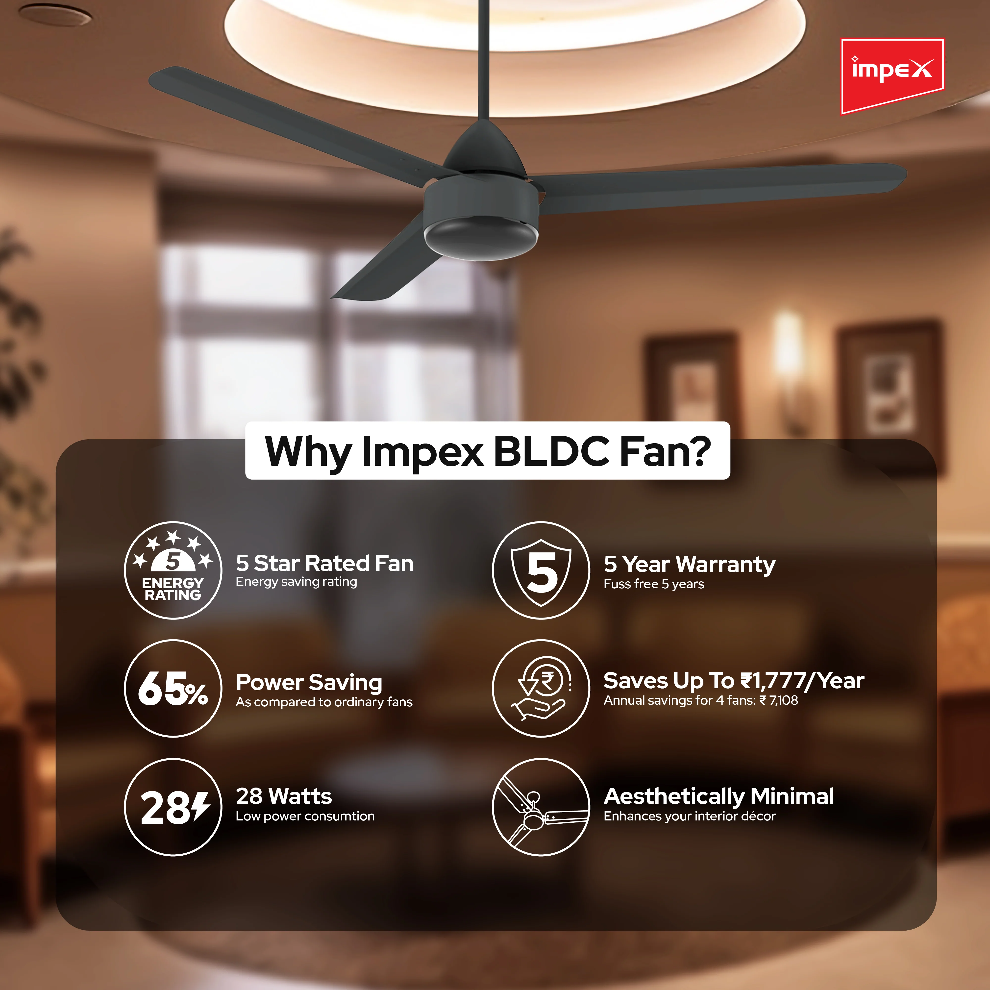 Impex BLDC Ceiling Fan ATOM 28 5 Star Rated Ceiling Fans for Home with Remote Control | Upto 65% Energy Saving High Speed Fan Having 5 Years Warranty (Smoke Brown) - Image 4