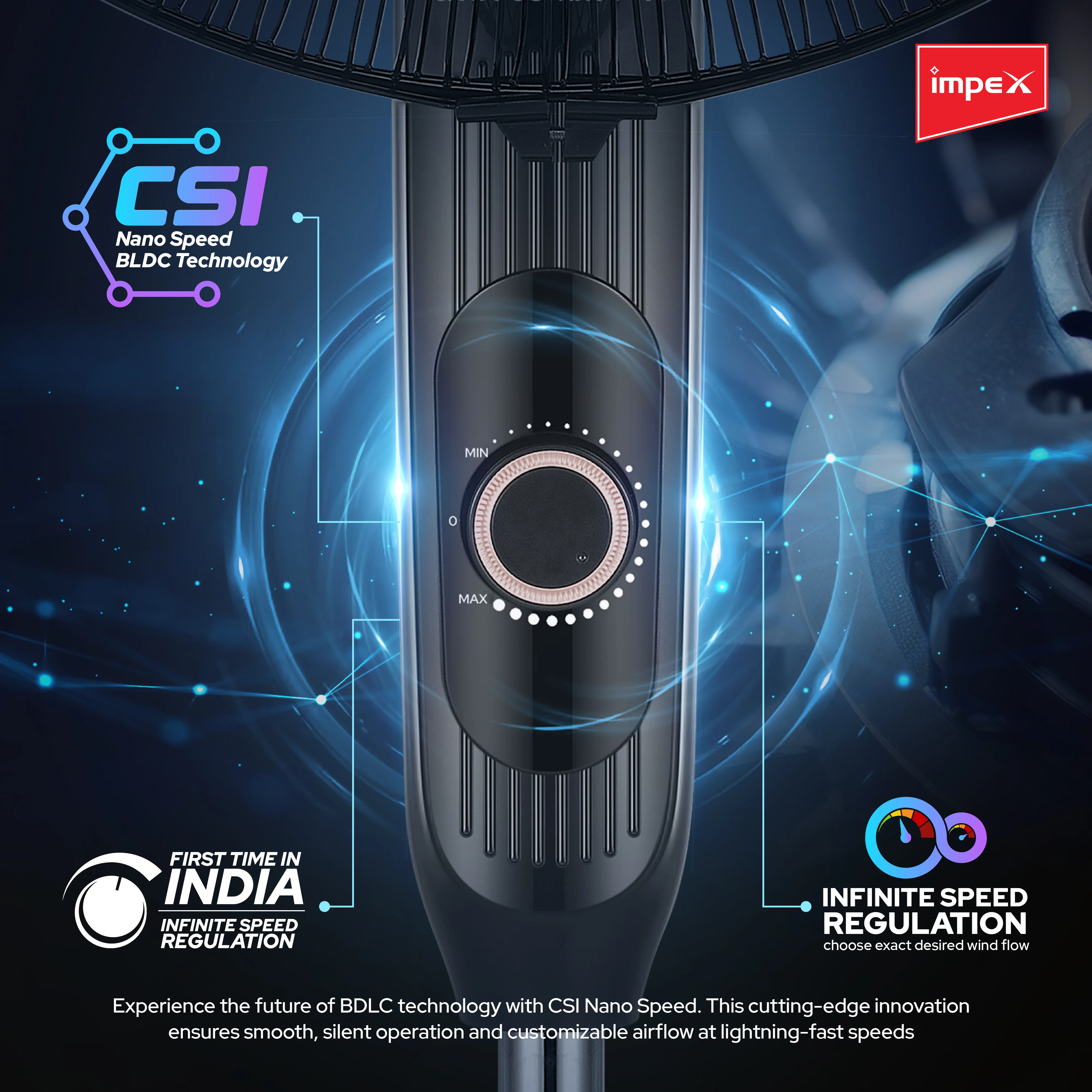 Impex BLDC Pedestal Fan eN Booster PF HS Black, 3-Leaf Balanced Blades, Adjustable Height, 100-2100 RPM with 3 year warranty - Image 4