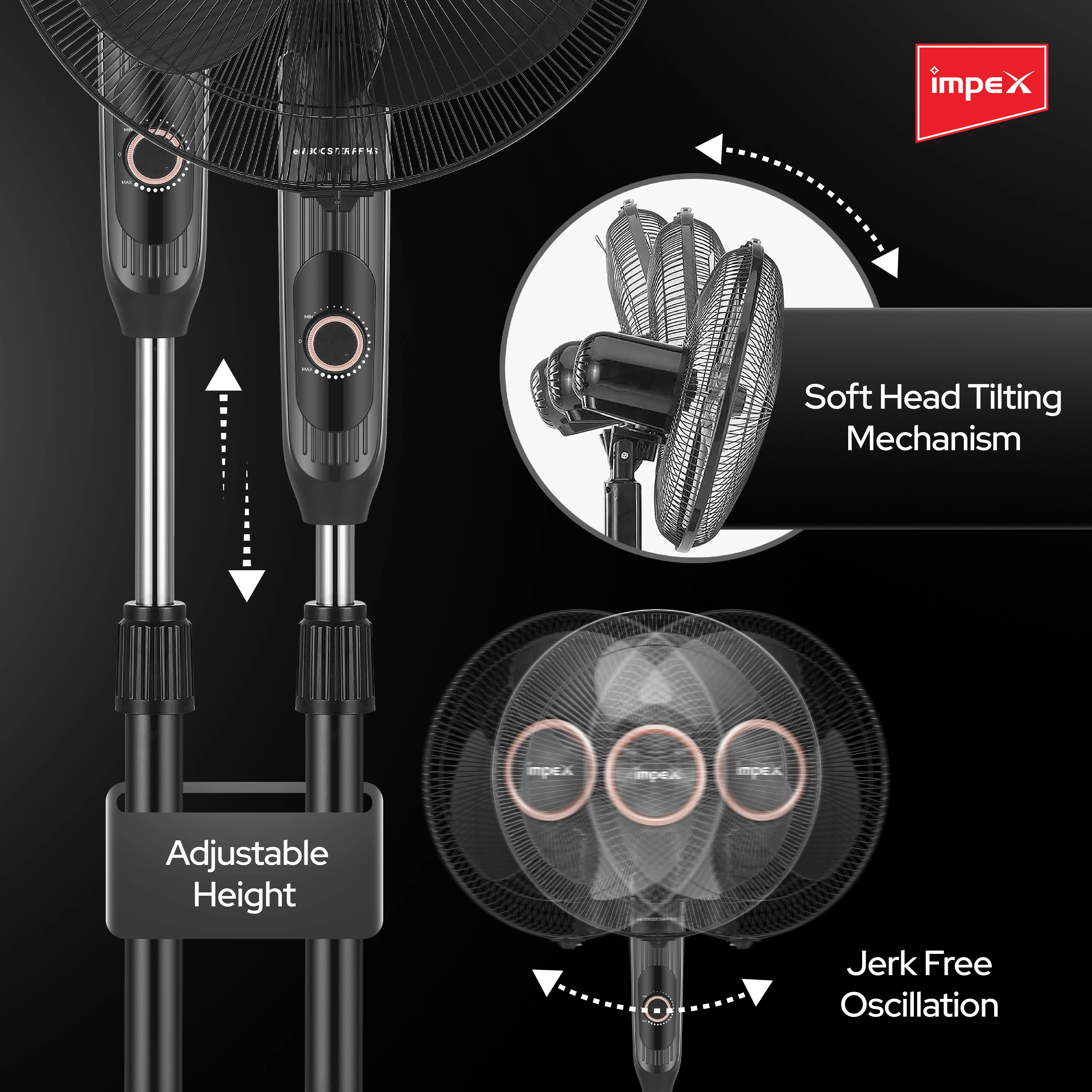 Impex BLDC Pedestal Fan eN Booster PF HS Black, 3-Leaf Balanced Blades, Adjustable Height, 100-2100 RPM with 3 year warranty - Image 6