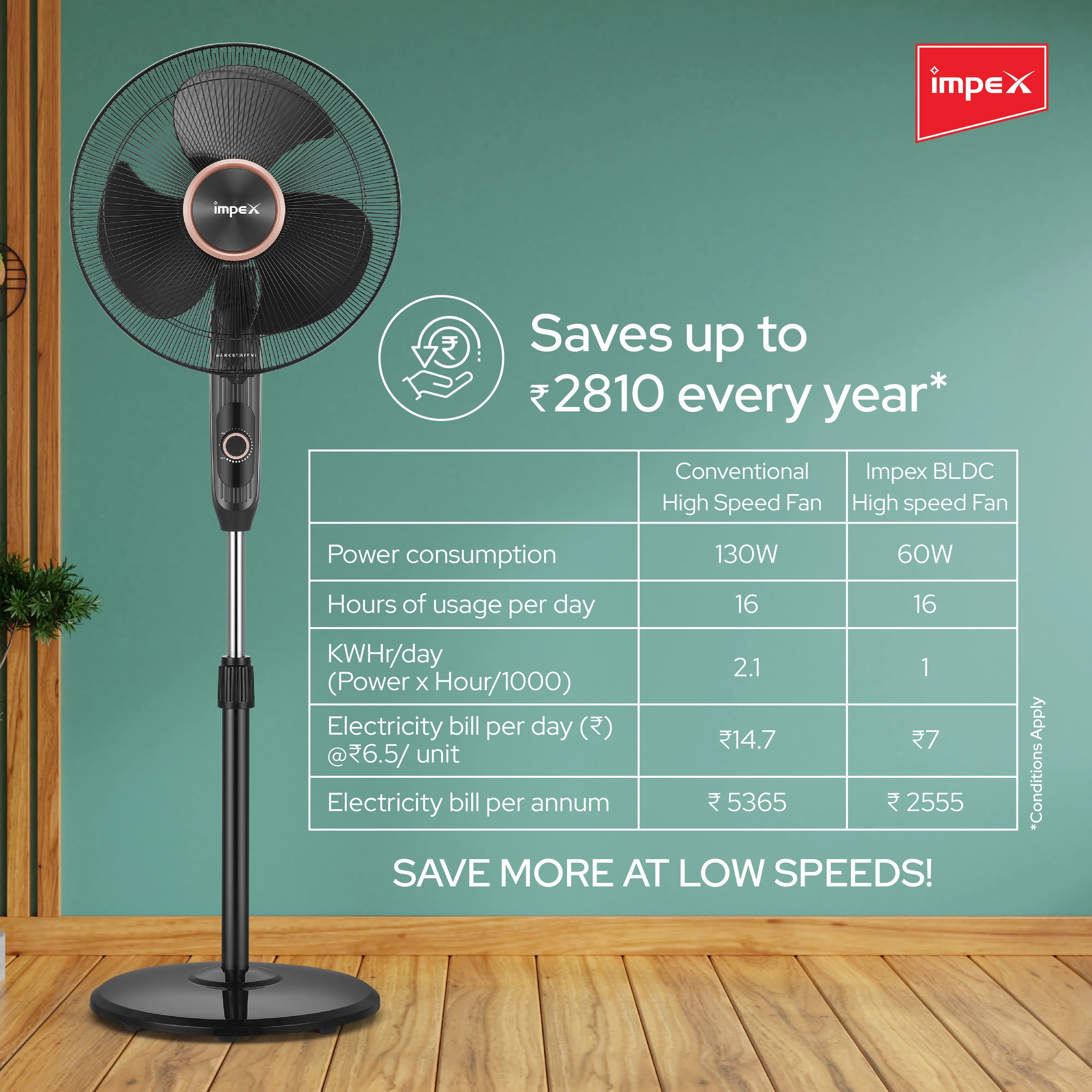 Impex BLDC Pedestal Fan eN Booster PF HS Black, 3-Leaf Balanced Blades, Adjustable Height, 100-2100 RPM with 3 year warranty - Image 7