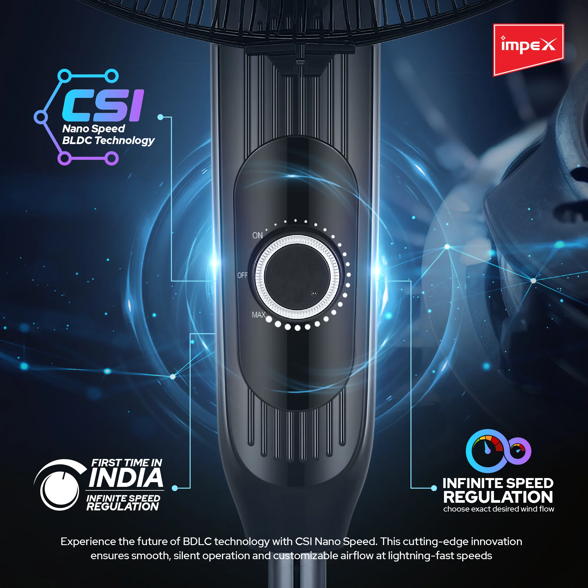 Impex BLDC Pedestal Fan (eN Save 29 PF Black) – 400mm, Powerful Motor, 3-Leaf Balanced Blades, 100-1400 RPM with 3 year warranty - Image 4