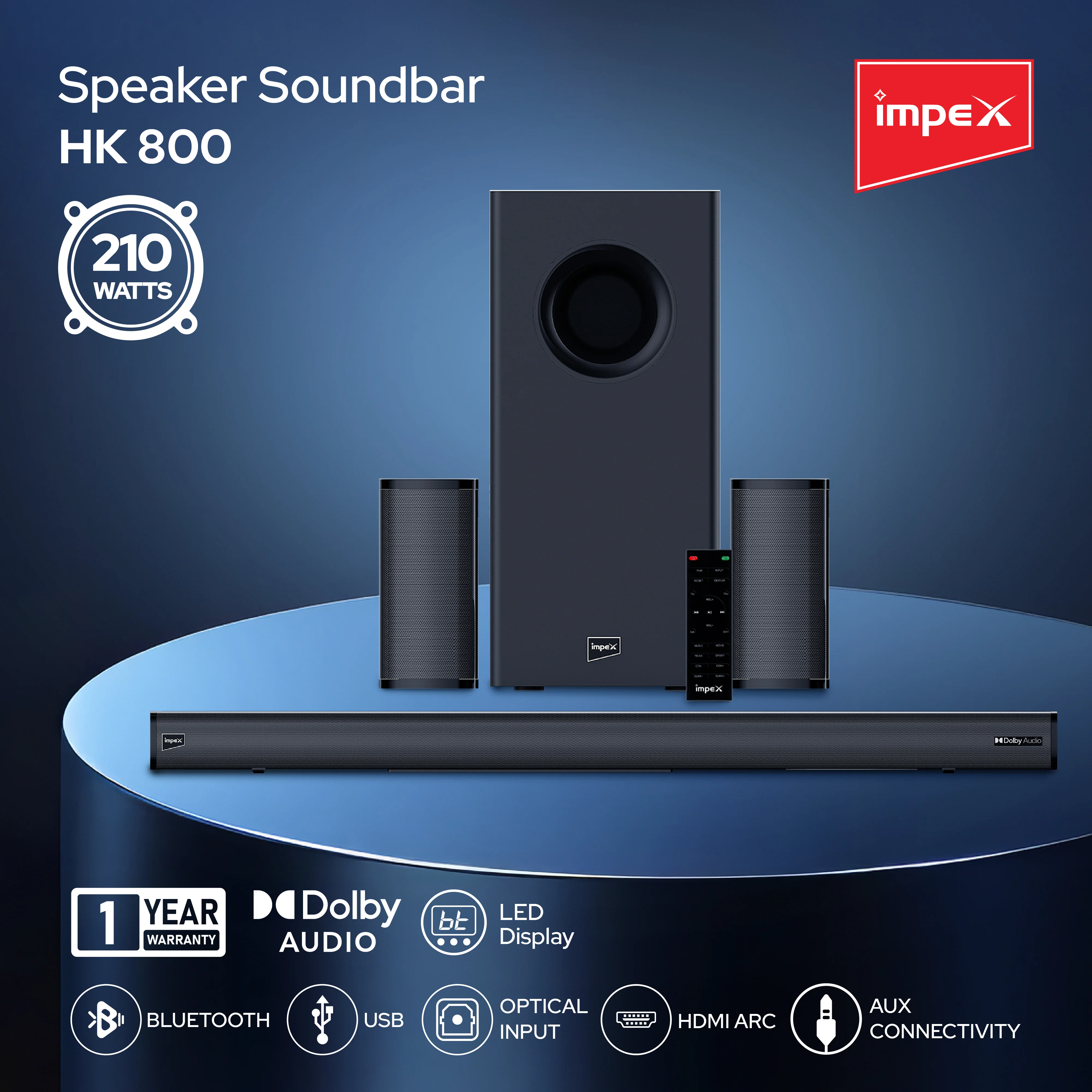 Impex BoomBar HK800 210W 2.1 Channel Soundbar with Wireless Sub-Woofer, Surround Speakers, Dolby Audio, and 1-Year Warranty (Black) - Image 3