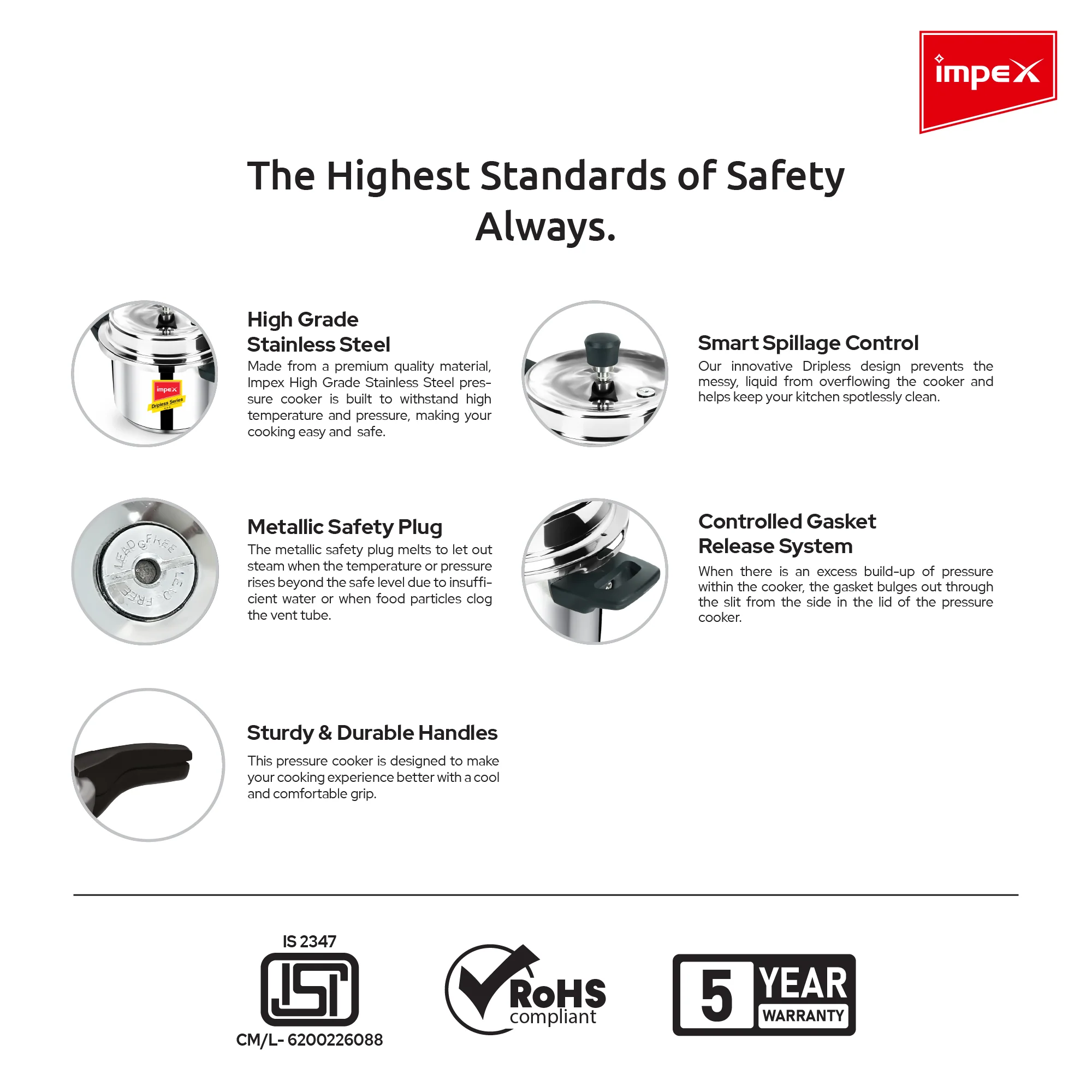 Impex CLASSIC DRIPLESS D5 Stainless Steel Pressure Cooker, 5 Litre, Induction Compatible, Dripless Lid, and 5-Year Warranty - Image 3