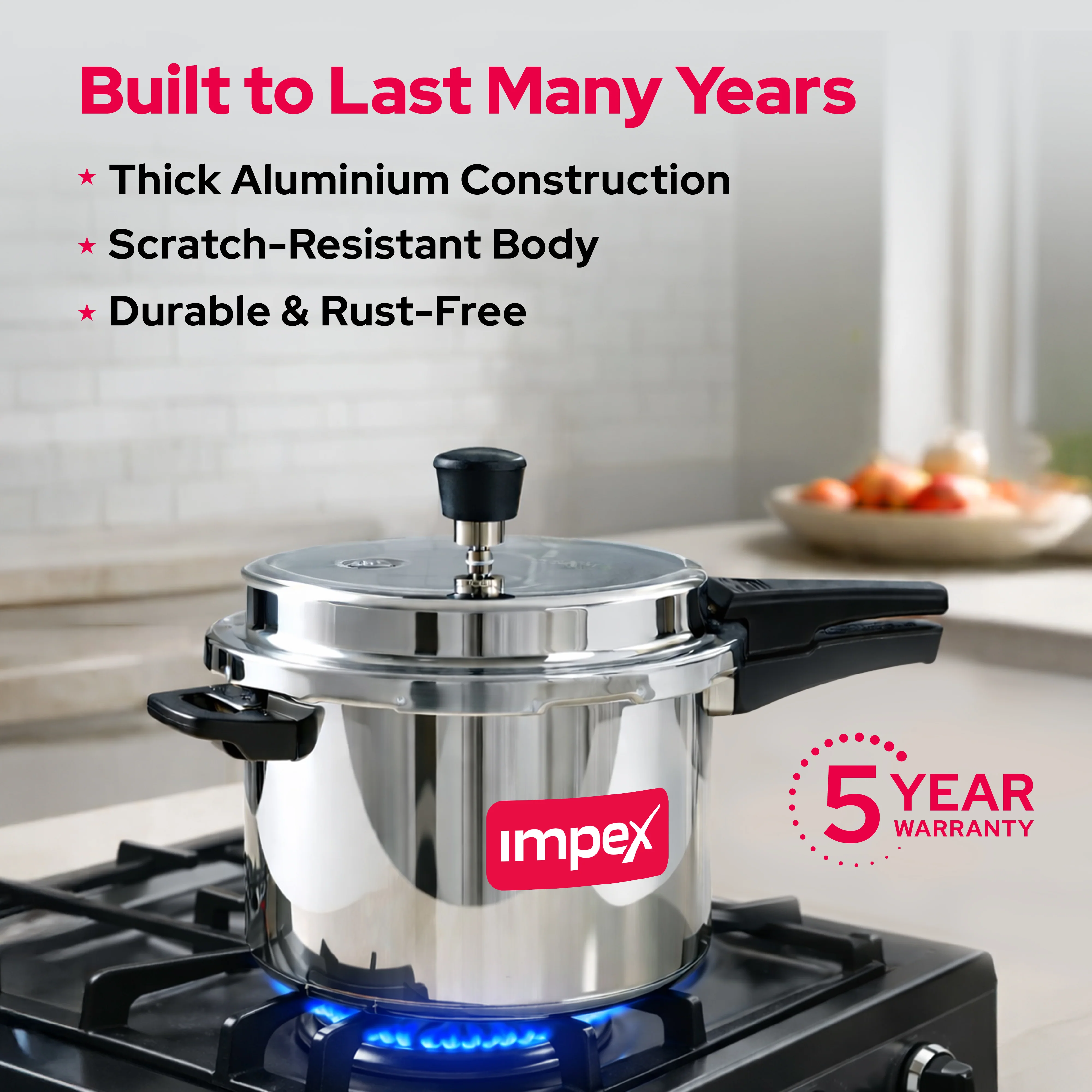 Impex ECO 5 L Induction Base Aluminium Pressure Cooker with Outer Lid (Silver) - Image 5