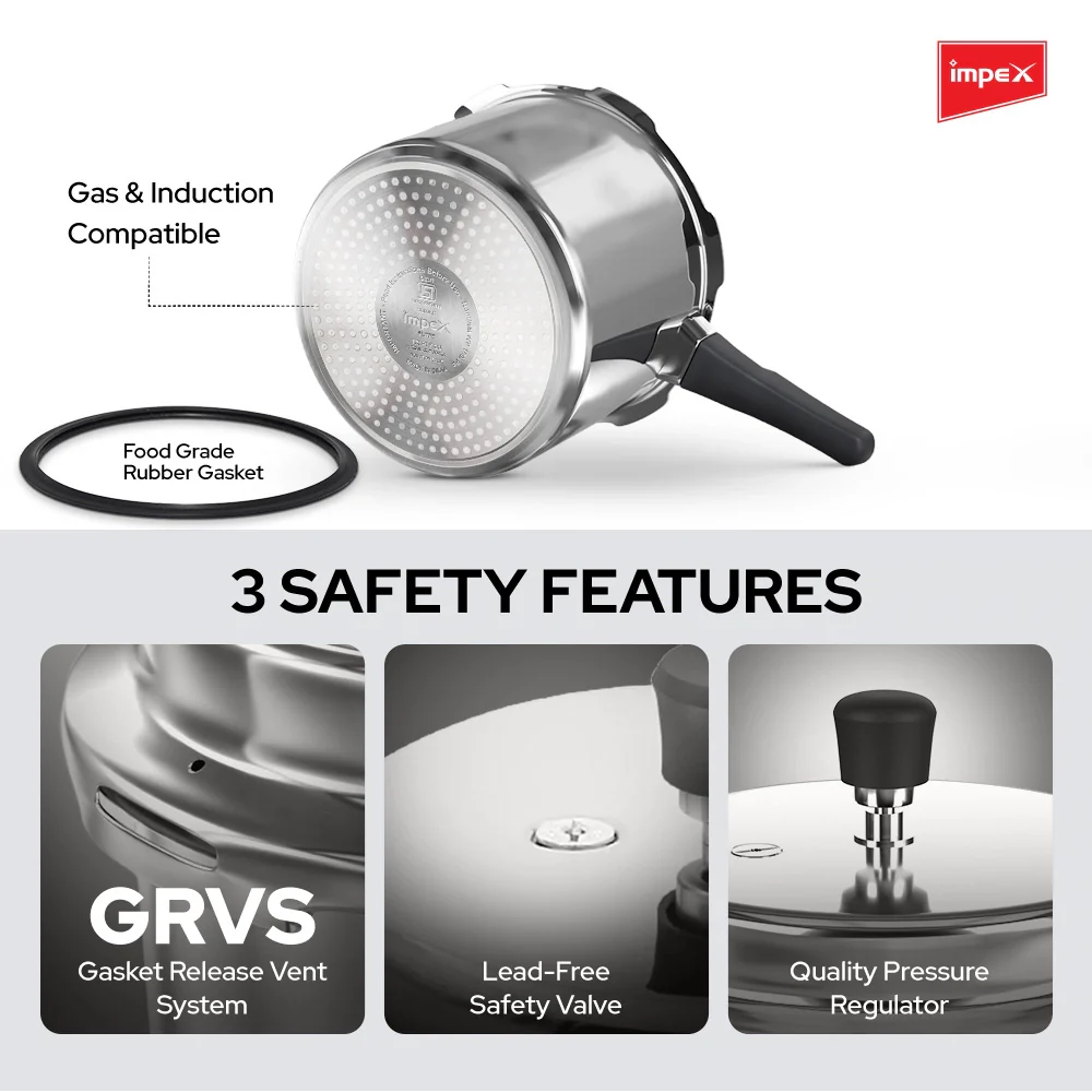 Impex ECO 2 Induction Base Outer Lid Aluminium Pressure Cooker, 2 litres, Silver - Image 3