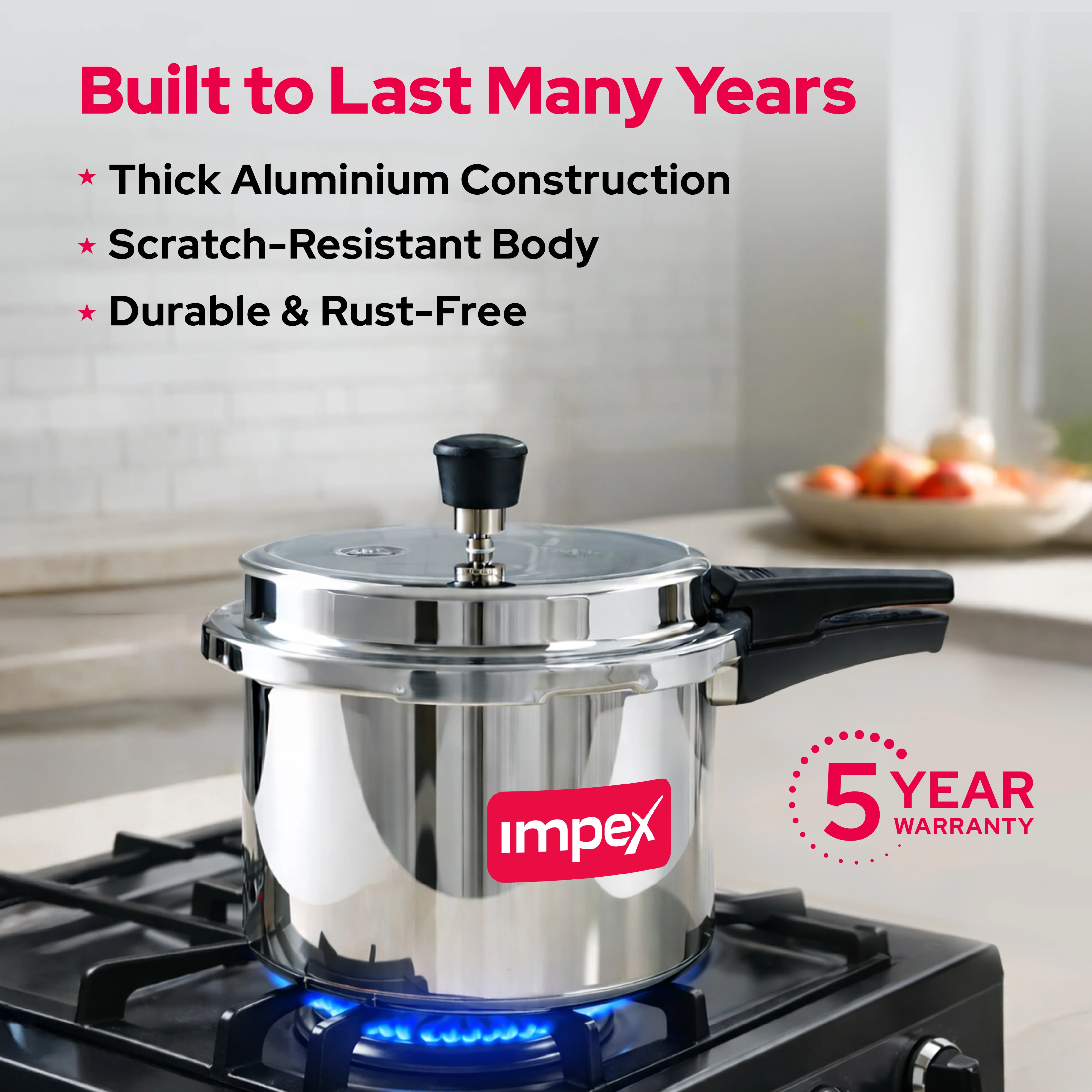 Impex ECO 3 Induction Base Outer Lid Aluminium Pressure Cooker, 3 litres, Silver - Image 5