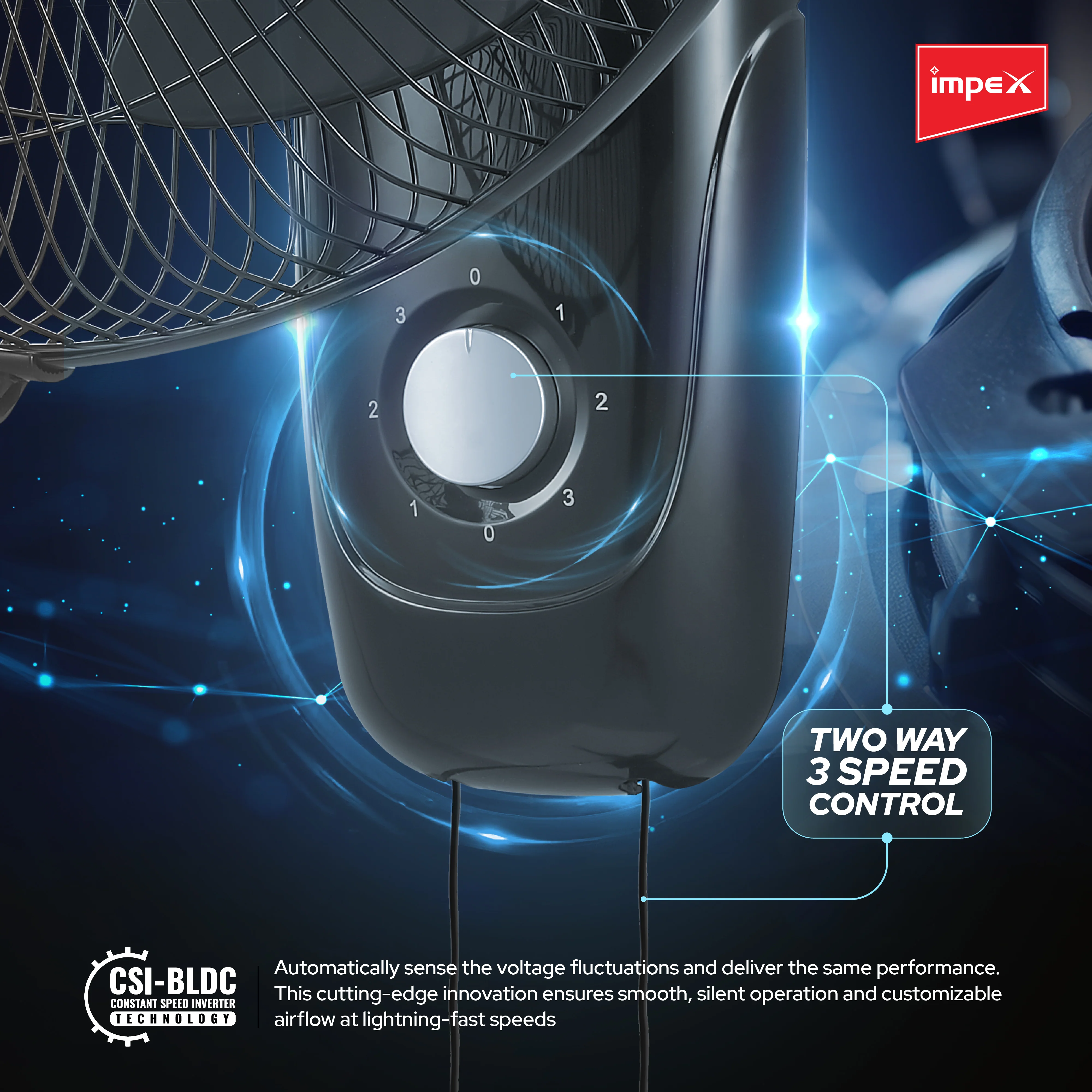 Impex eN Save 29 BLDC Wall Fan with 400mm Sweep, 1400 RPM, 3 Speeds, and 3-Year Warranty (Black) - Image 3