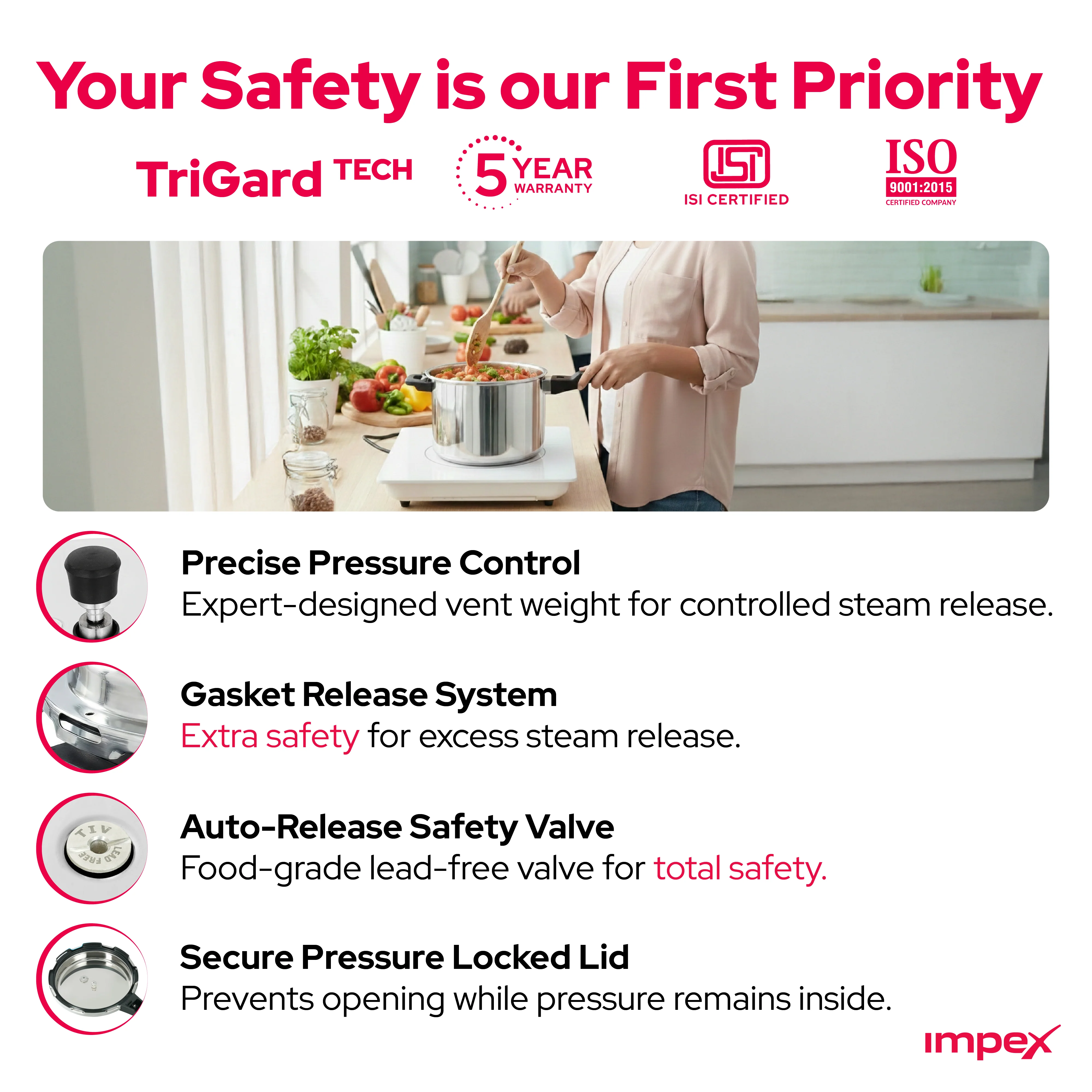 2L,3L,5L Stainless Steel Induction Base Outer Lid Pressure Cooker Family Combo (Pack of 3) - Image 3