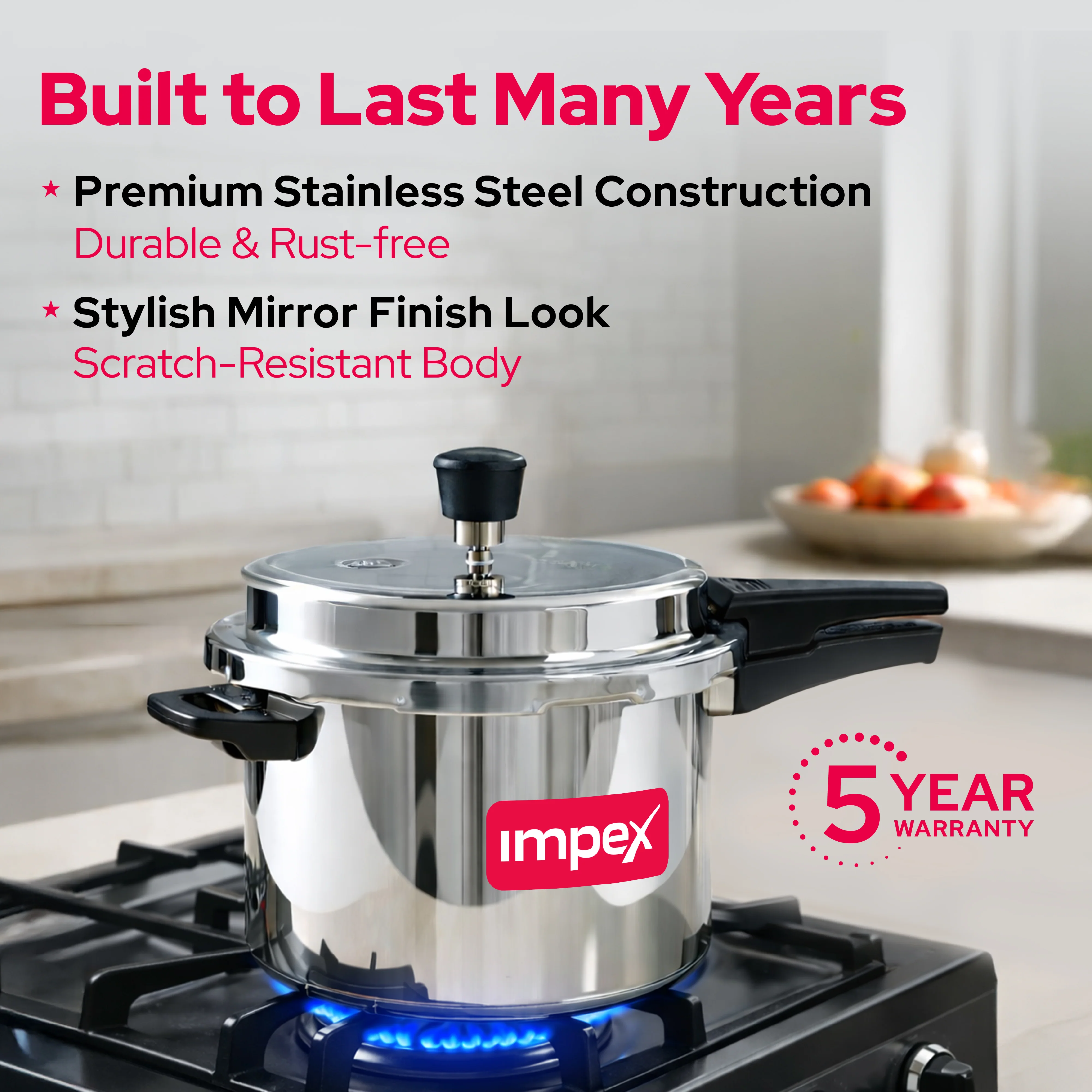 Impex EP5 Induction Base Stainless Steel Pressure Cooker, 5 litres, Silver - Image 5