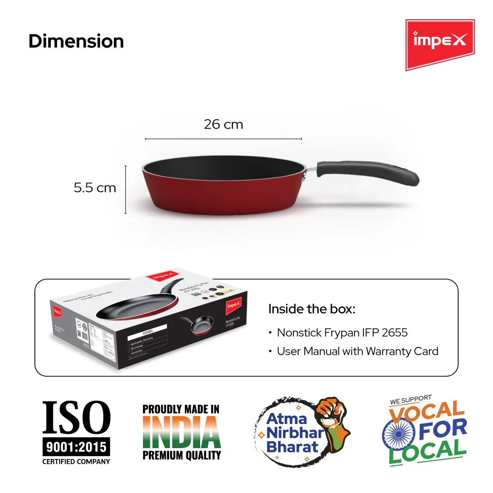 Impex IFP 2655 Premium Induction Based Nonstick Coated Aluminium Fry Pan (26 cm,Maroon) - Image 5