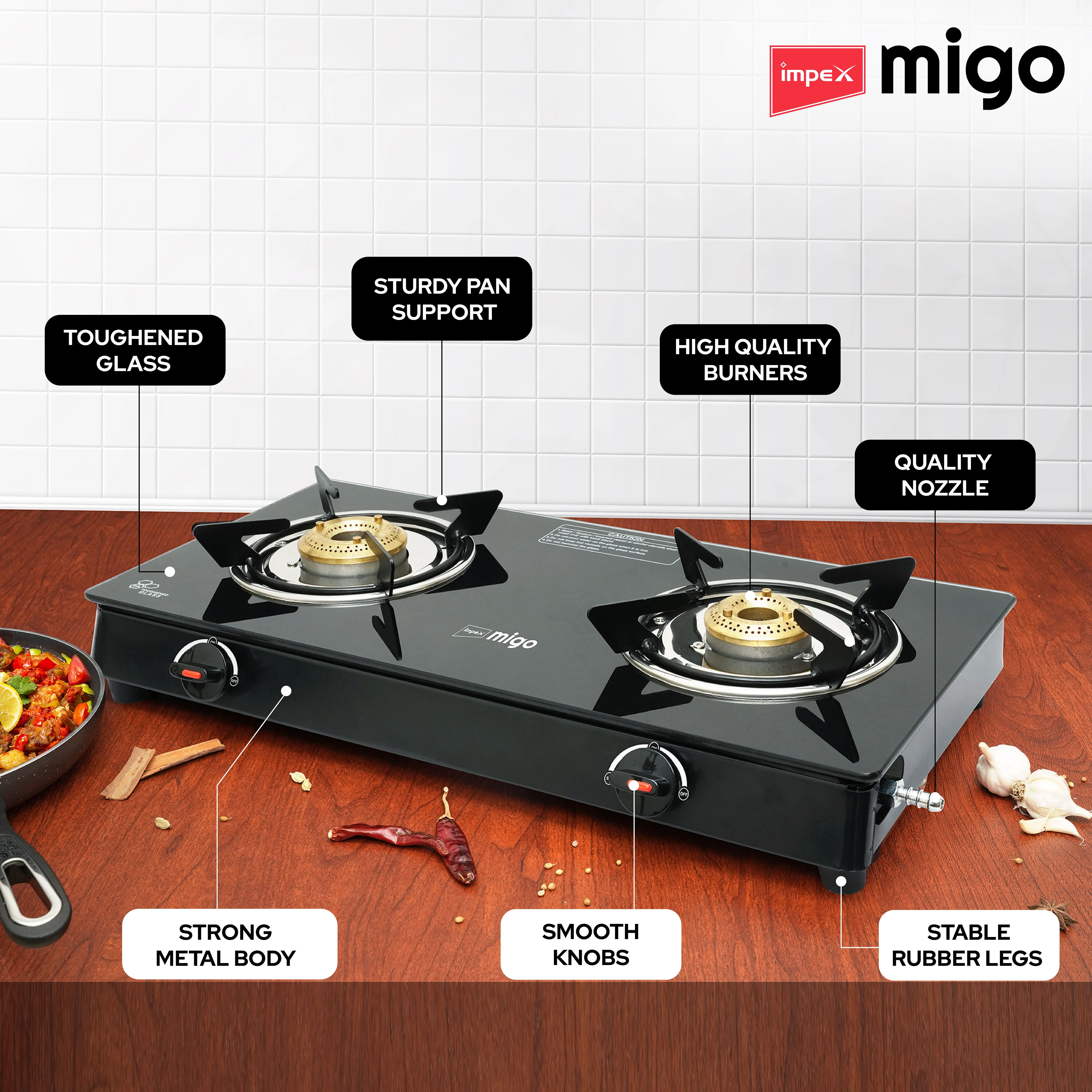 IMPEX Migo 2 Burner Glass top Gas Stove Linea 2B, 6mm Toughened Glass top, 1 Year Warranty - Image 3