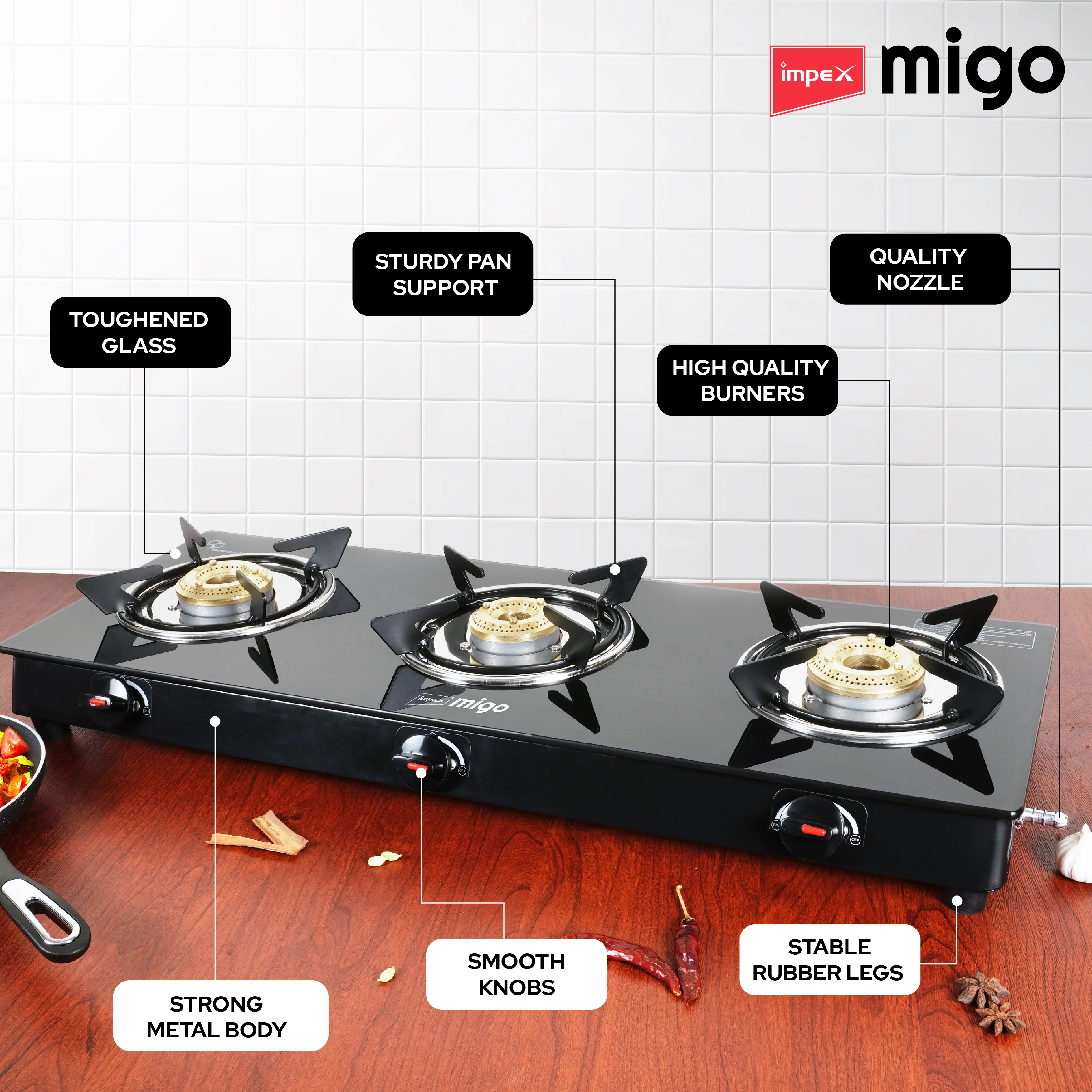 Impex Migo 3 Burner Gas Stove 6 mm Toughened Glass Top LINEA 3B, 1 Year Warranty (Black) - Image 3