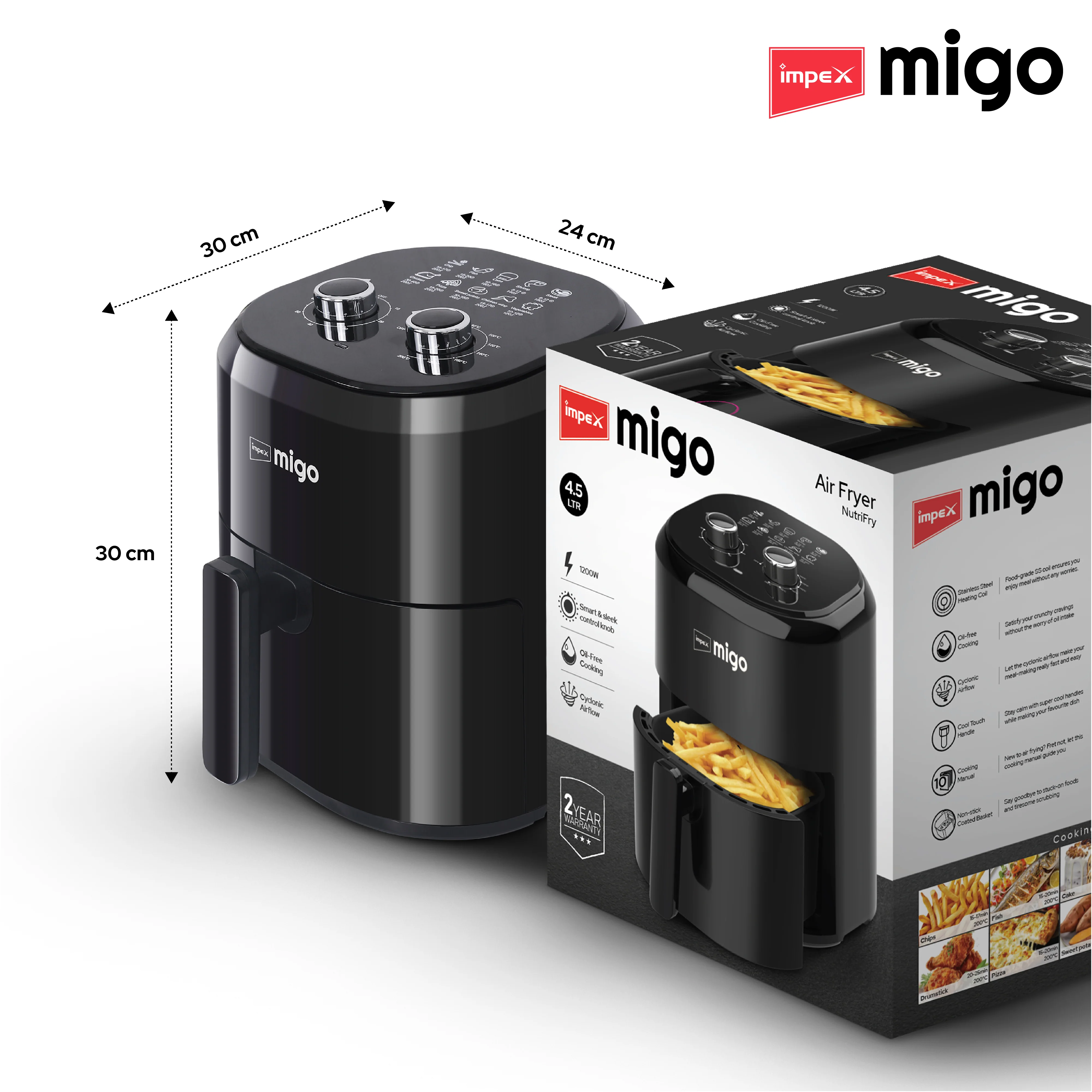Impex Migo Air Fryer 1200 W Oil-free Cooking 4.5 L Instant Electric Air Fryer for Home Auto Cut Off, Fry, Grill, Roast, Steam, and Bake 2 Years Warranty (Black) - Image 8