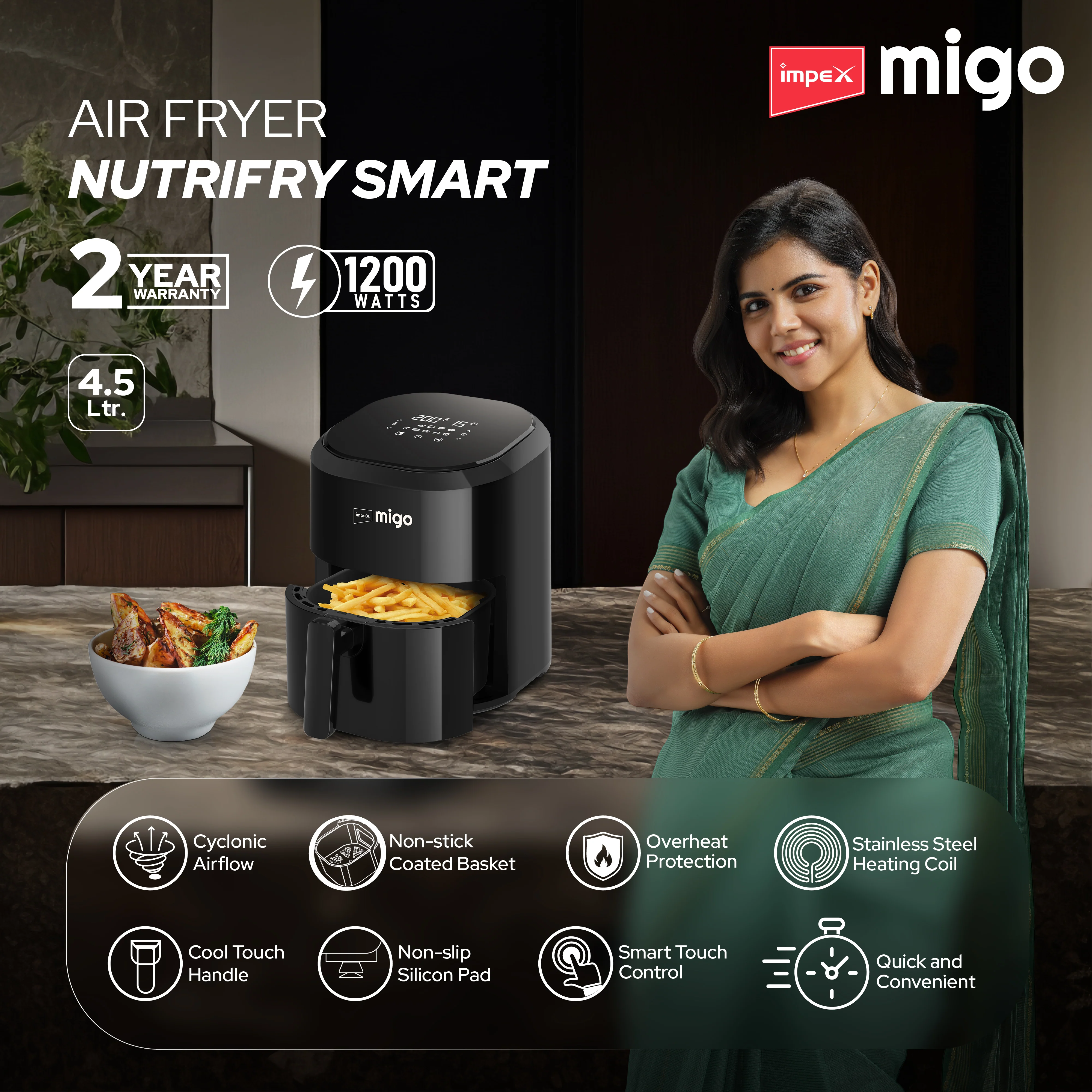 Impex Migo Digital Air Fryer 10 in 1 Airfryer, 1200 W 4.5 L Instant Electric Air Fryer for Home Auto Cut Off, Fry, Grill, Roast, Steam, and Bake 2 Years Warranty (Black) - Image 6