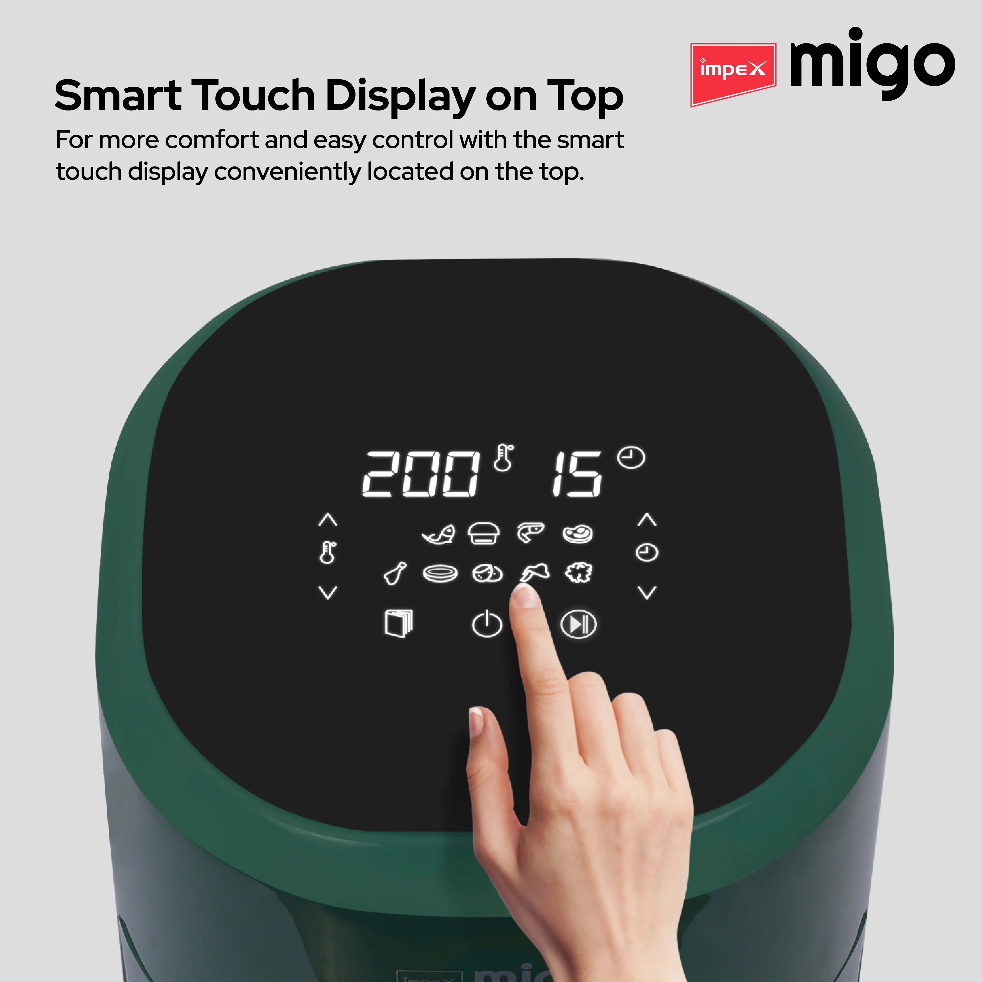 Impex Migo Digital Air Fryer 10 in 1 Airfryer, 1200 W Oil-free Cooking 4.5 L Instant Electric Air Fryer for Home Auto Cut Off, Fry, Grill, Roast, Steam, and Bake 2 Years Warranty (Green) - Image 3