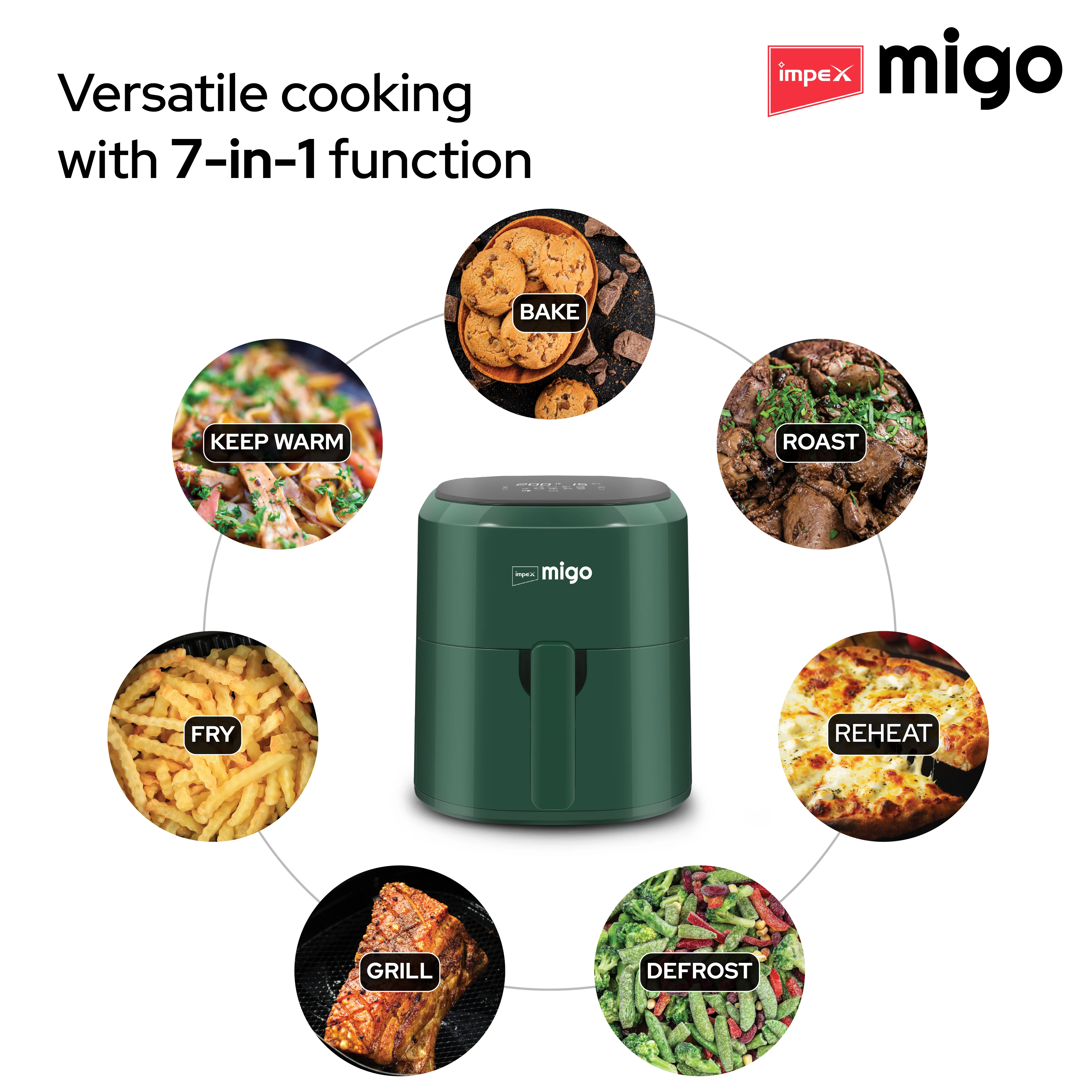 Impex Migo Digital Air Fryer 10 in 1 Airfryer, 1200 W Oil-free Cooking 4.5 L Instant Electric Air Fryer for Home Auto Cut Off, Fry, Grill, Roast, Steam, and Bake 2 Years Warranty (Green) - Image 4
