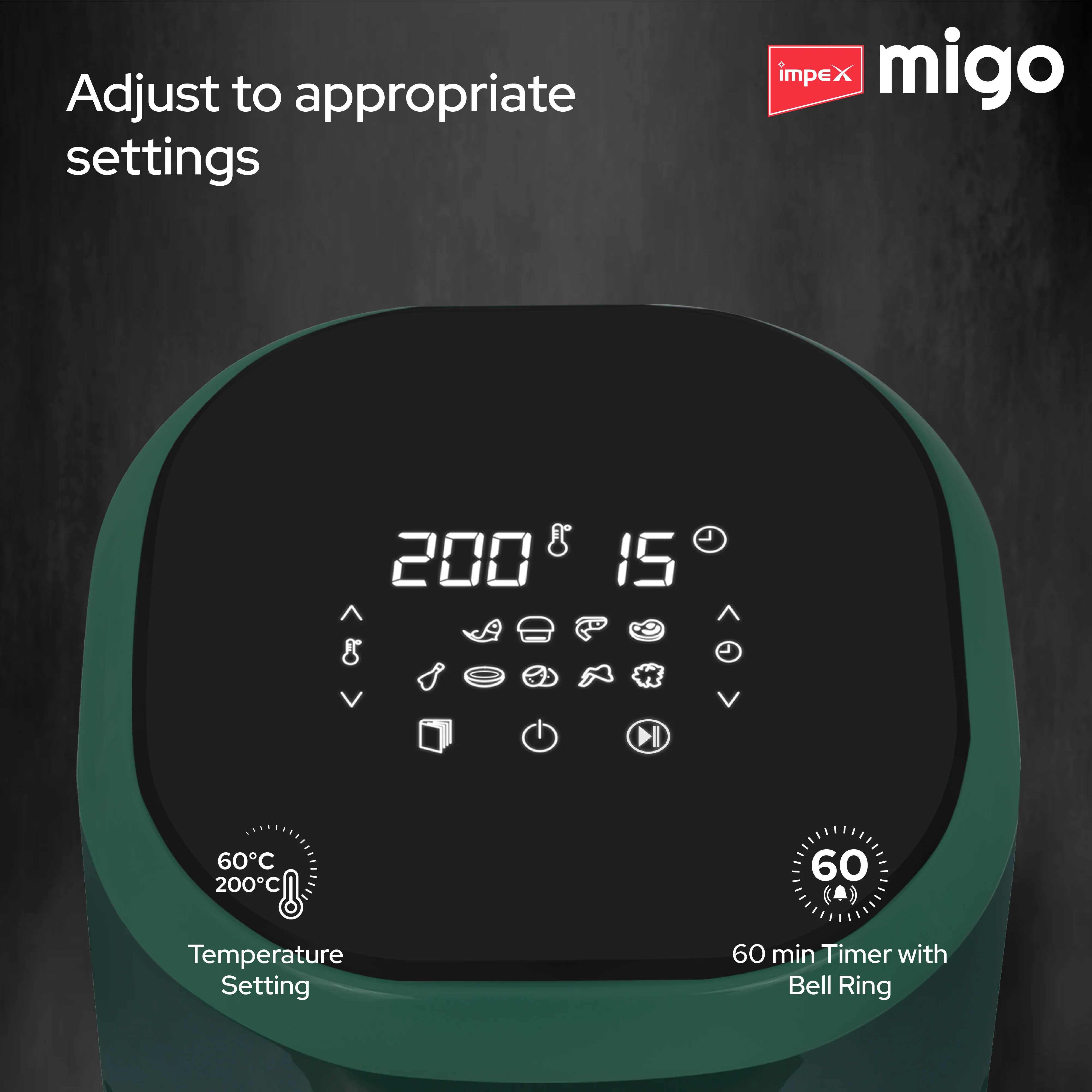 Impex Migo Digital Air Fryer 10 in 1 Airfryer, 1200 W Oil-free Cooking 4.5 L Instant Electric Air Fryer for Home Auto Cut Off, Fry, Grill, Roast, Steam, and Bake 2 Years Warranty (Green) - Image 6