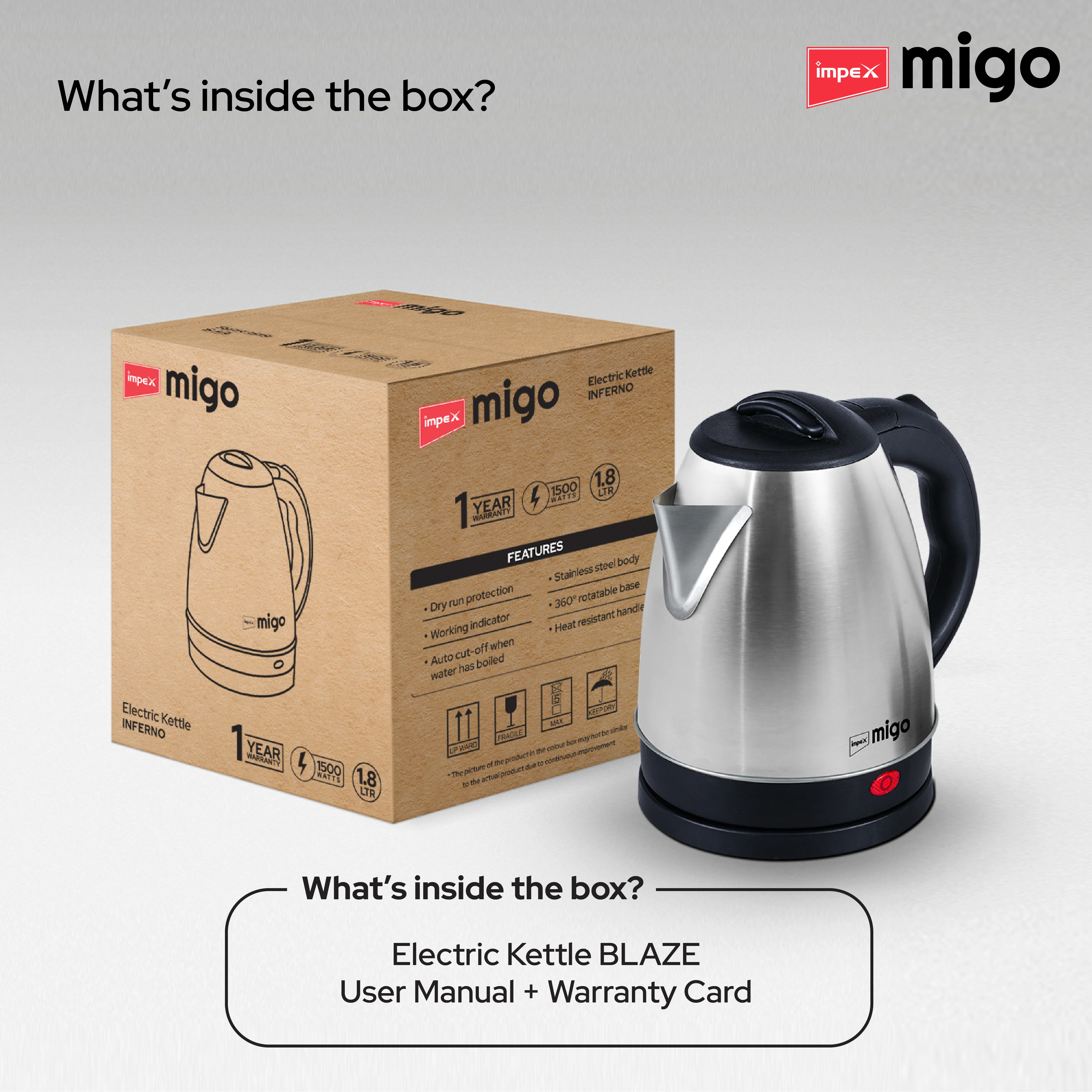 Impex Migo Inferno Stainless Steel Electric Kettle 1.8 Litre 1500 Watts 1 Year Warranty - Image 10