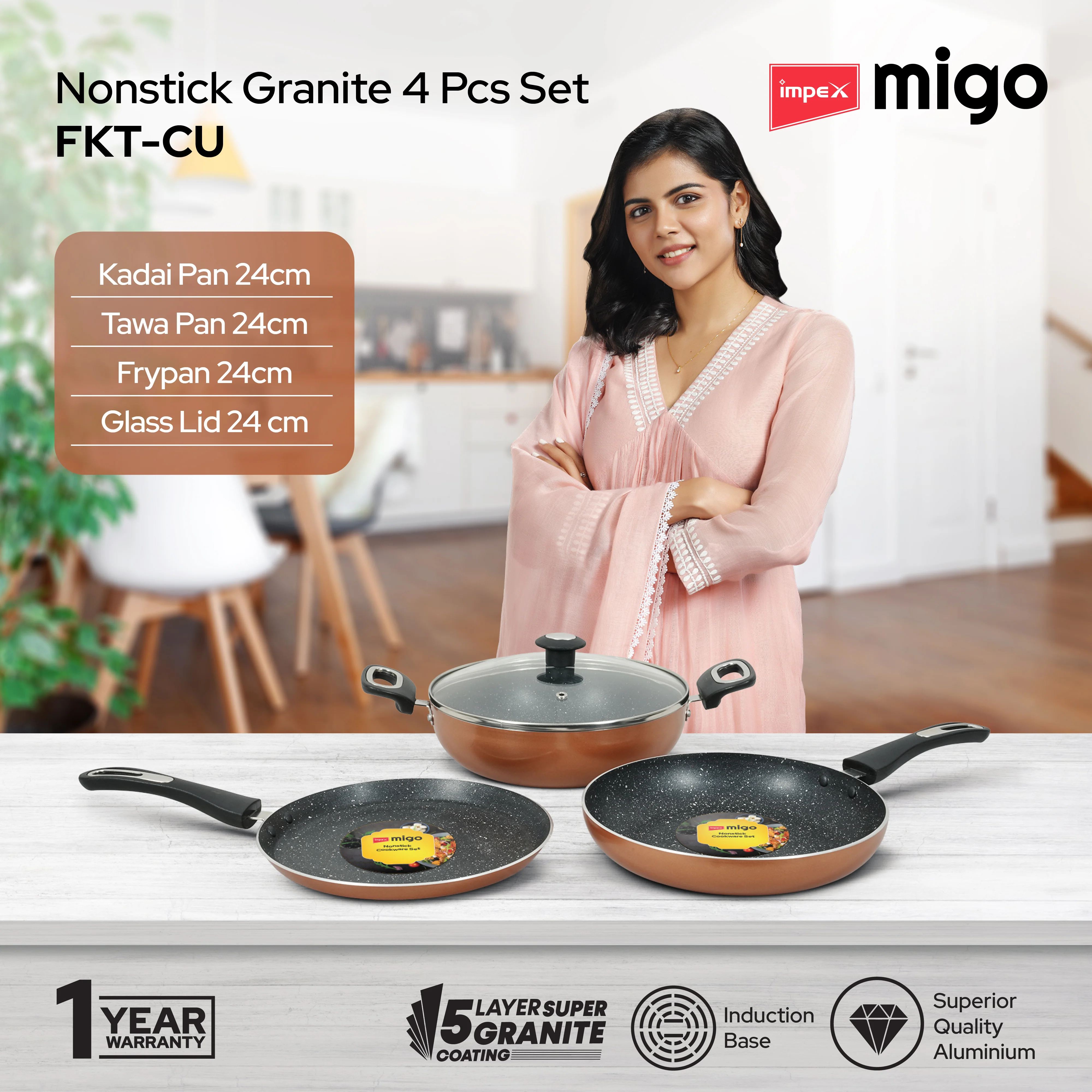 IMPEX Migo Nonstick Granite 4 Pcs Festival Gift Set FKT(Cu), 5-Layer Super Granite Induction Bottom - Image 3