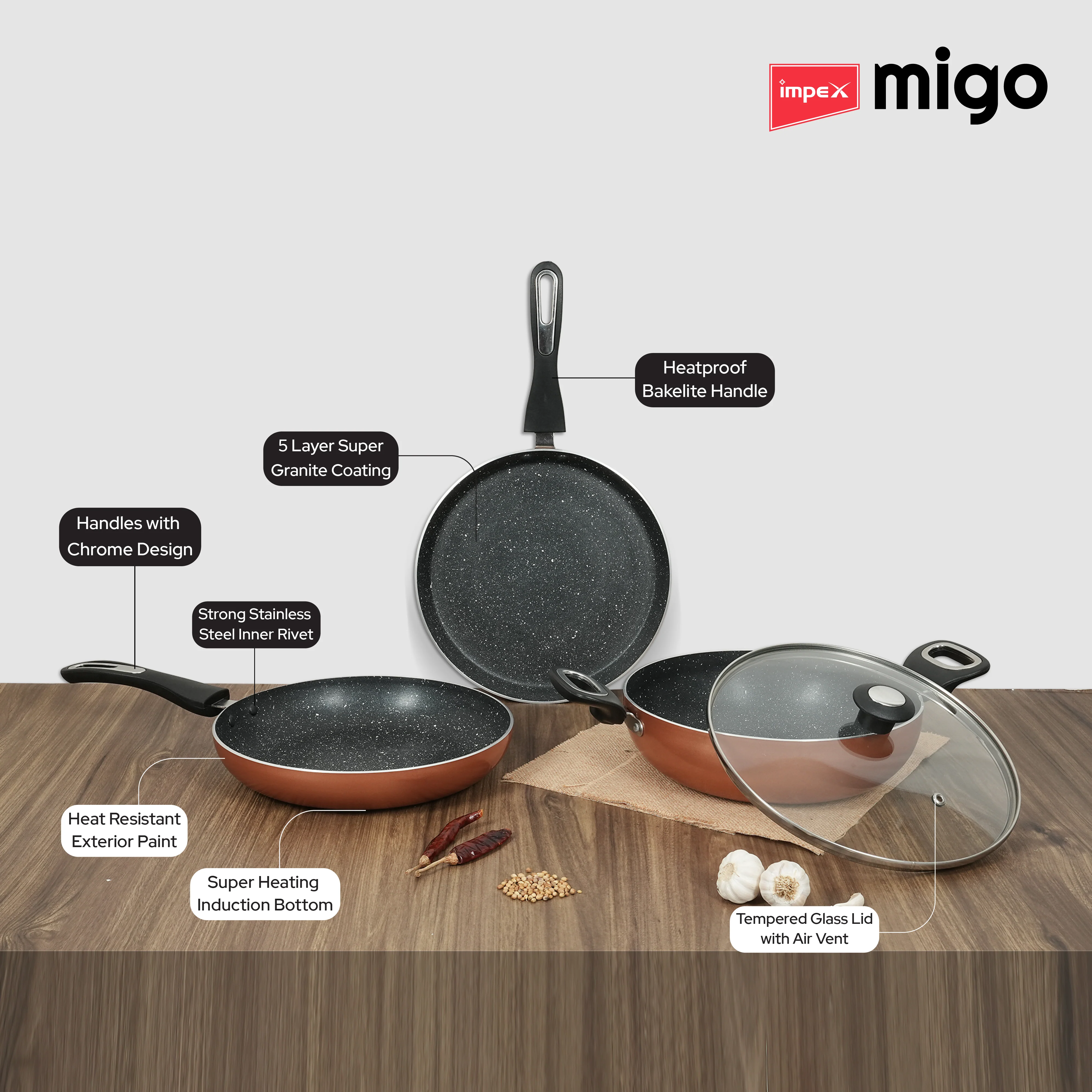 IMPEX Migo Nonstick Granite 4 Pcs Festival Gift Set FKT(Cu), 5-Layer Super Granite Induction Bottom - Image 4