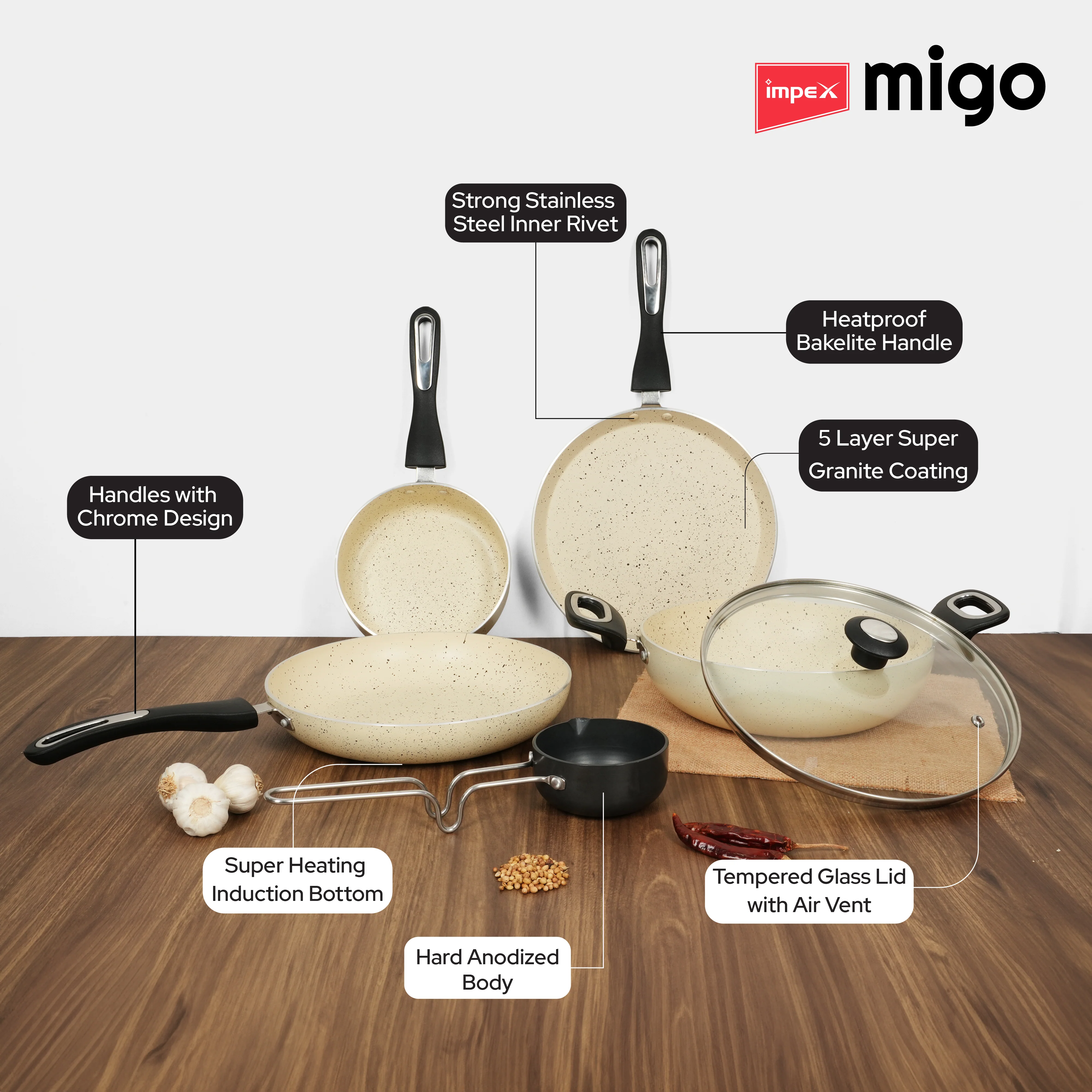 Impex Migo Nonstick Granite 6 Pcs Induction bottom Cookware set - Image 3