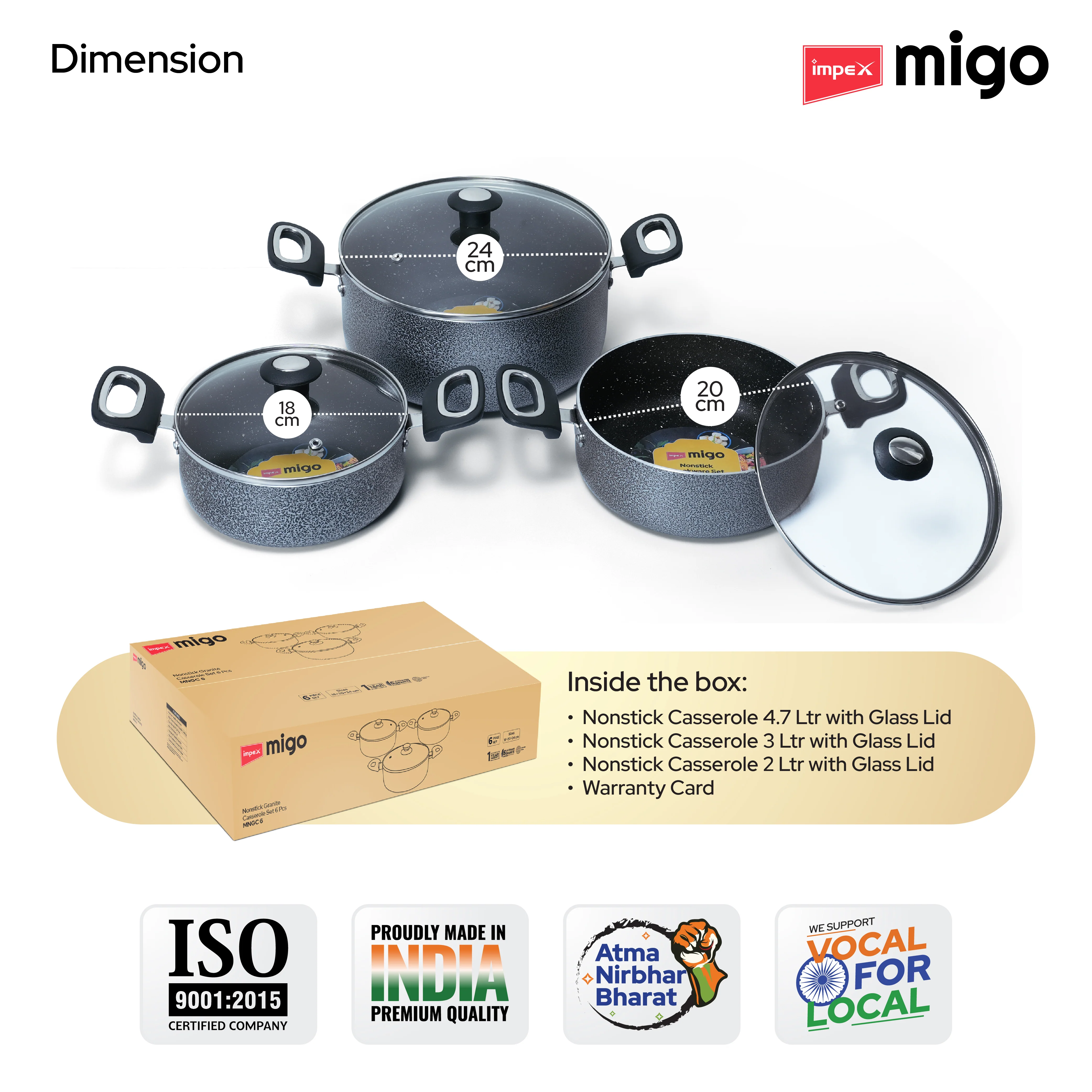 IMPEX Migo Nonstick Granite Casserole Set 6 Pcs MNGC, Festival Gift Set, 3mm Thickness, Induction Bottom - Image 10