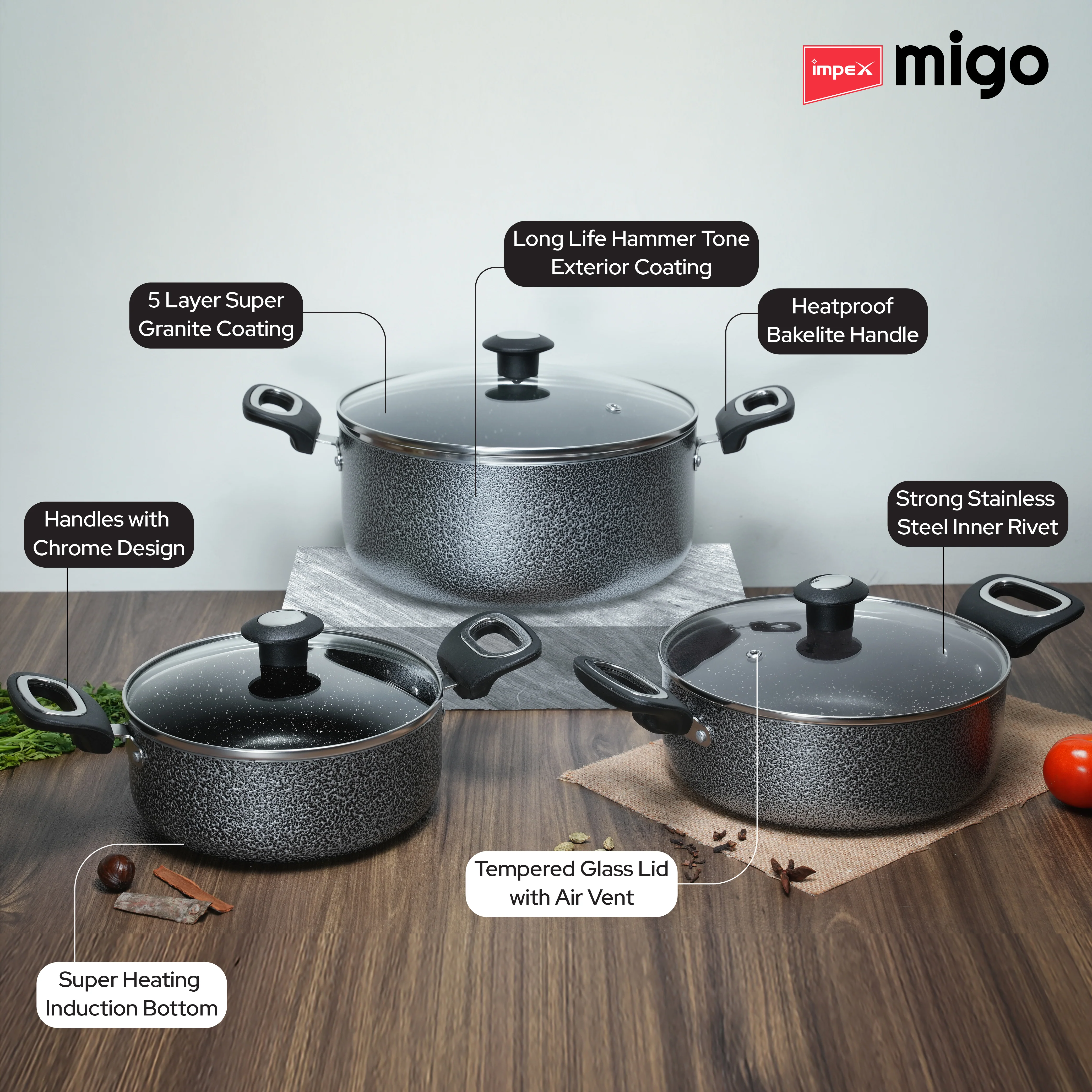 IMPEX Migo Nonstick Granite Casserole Set 6 Pcs MNGC, Festival Gift Set, 3mm Thickness, Induction Bottom - Image 3