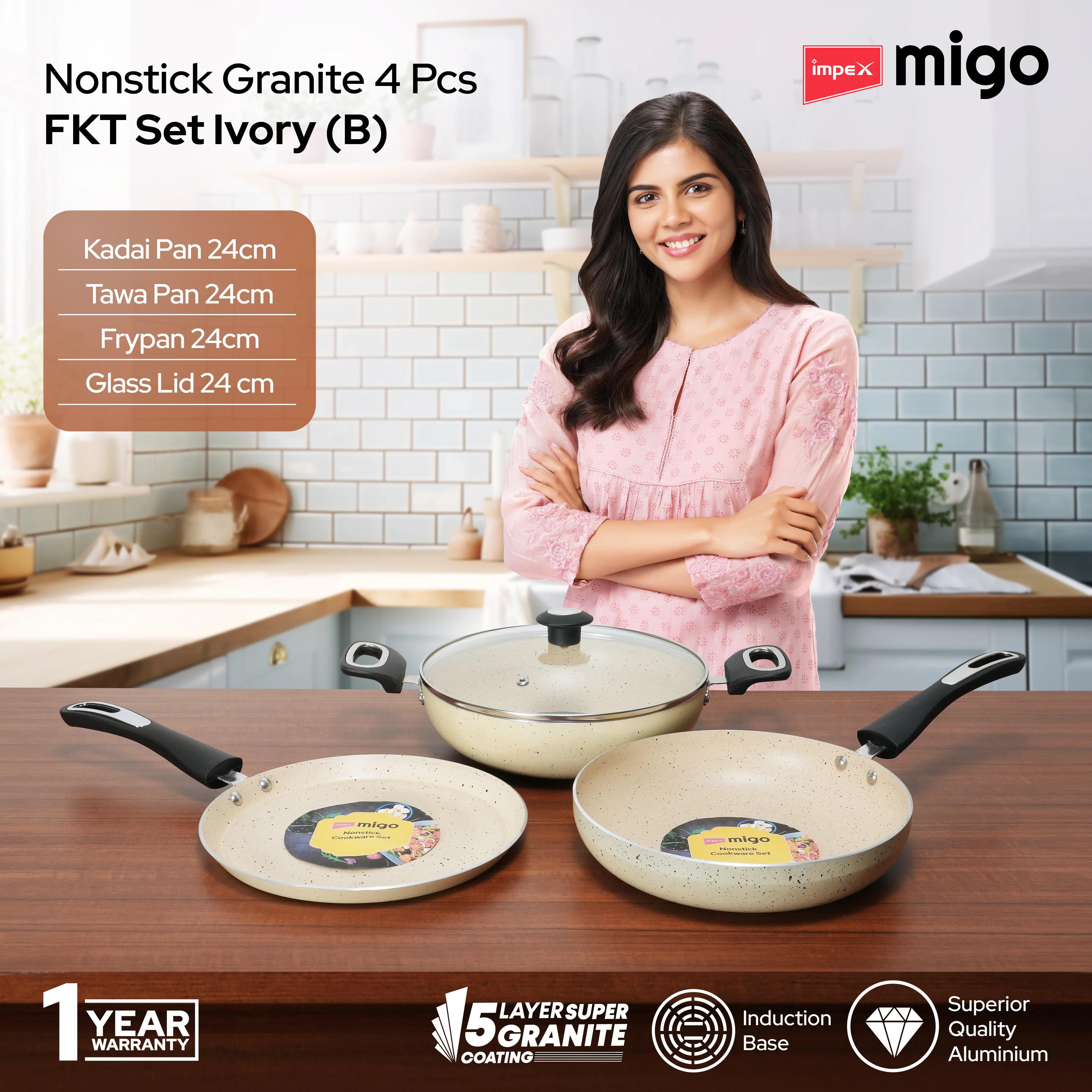IMPEX Migo Nonstick Granite 4 Pcs Festival GIft Set FKT(B) 5 Layer Super Granite Induction Bottom - Image 3