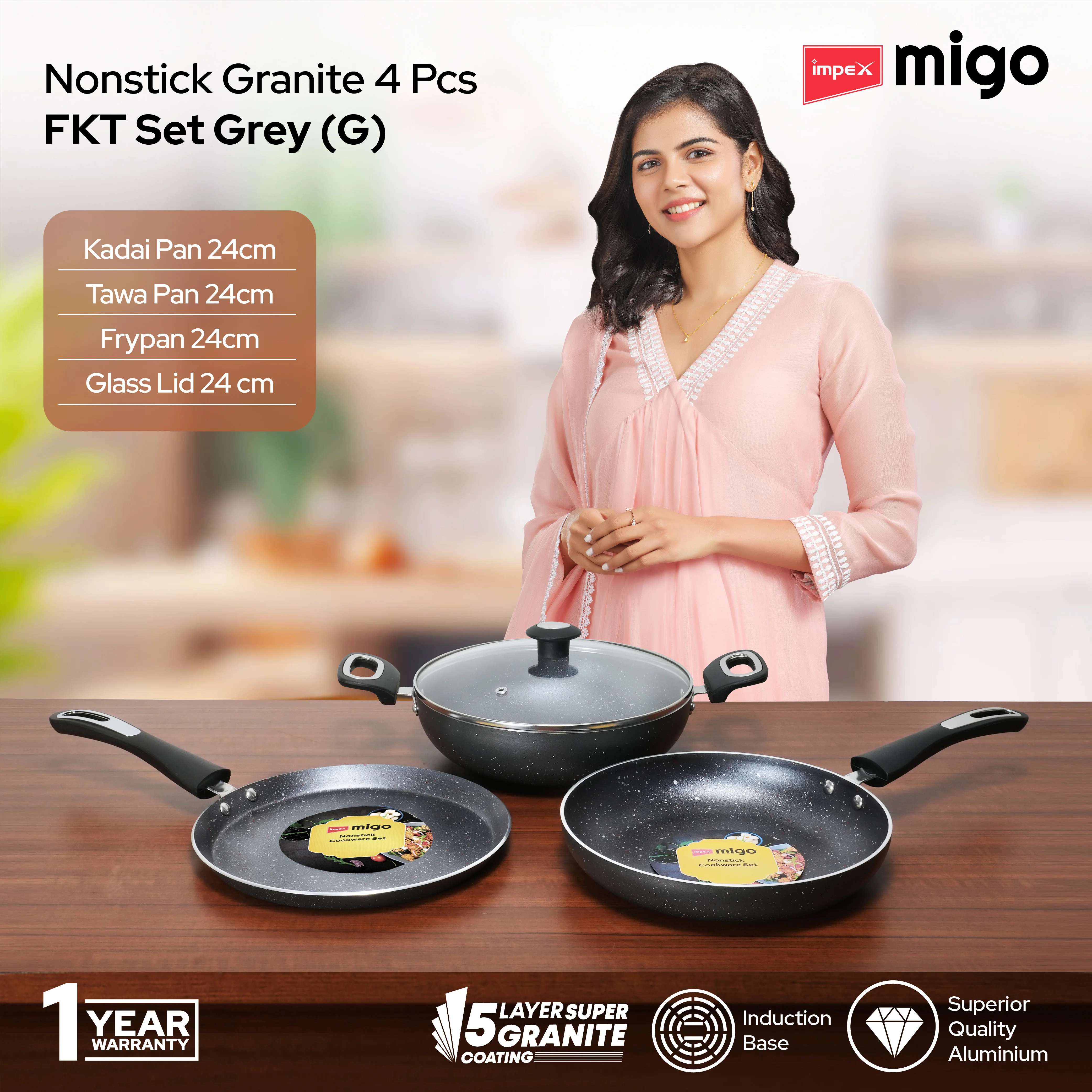 IMPEX Migo Nonstick Granite 4 Pcs Festival Gift Set FKT(G), 5-Layer Super Granite Induction Bottom - Image 3