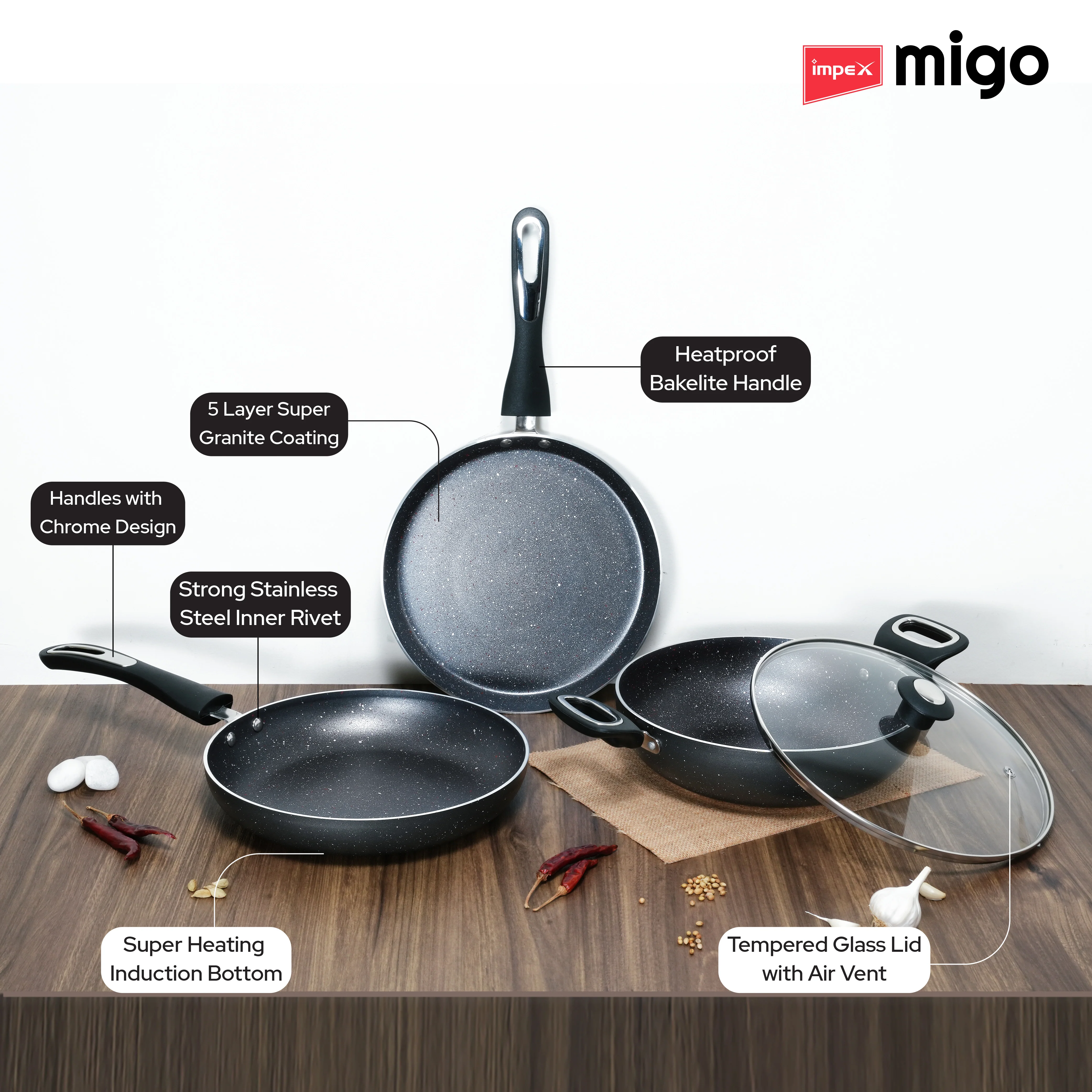 IMPEX Migo Nonstick Granite 4 Pcs Festival Gift Set FKT(G), 5-Layer Super Granite Induction Bottom - Image 4