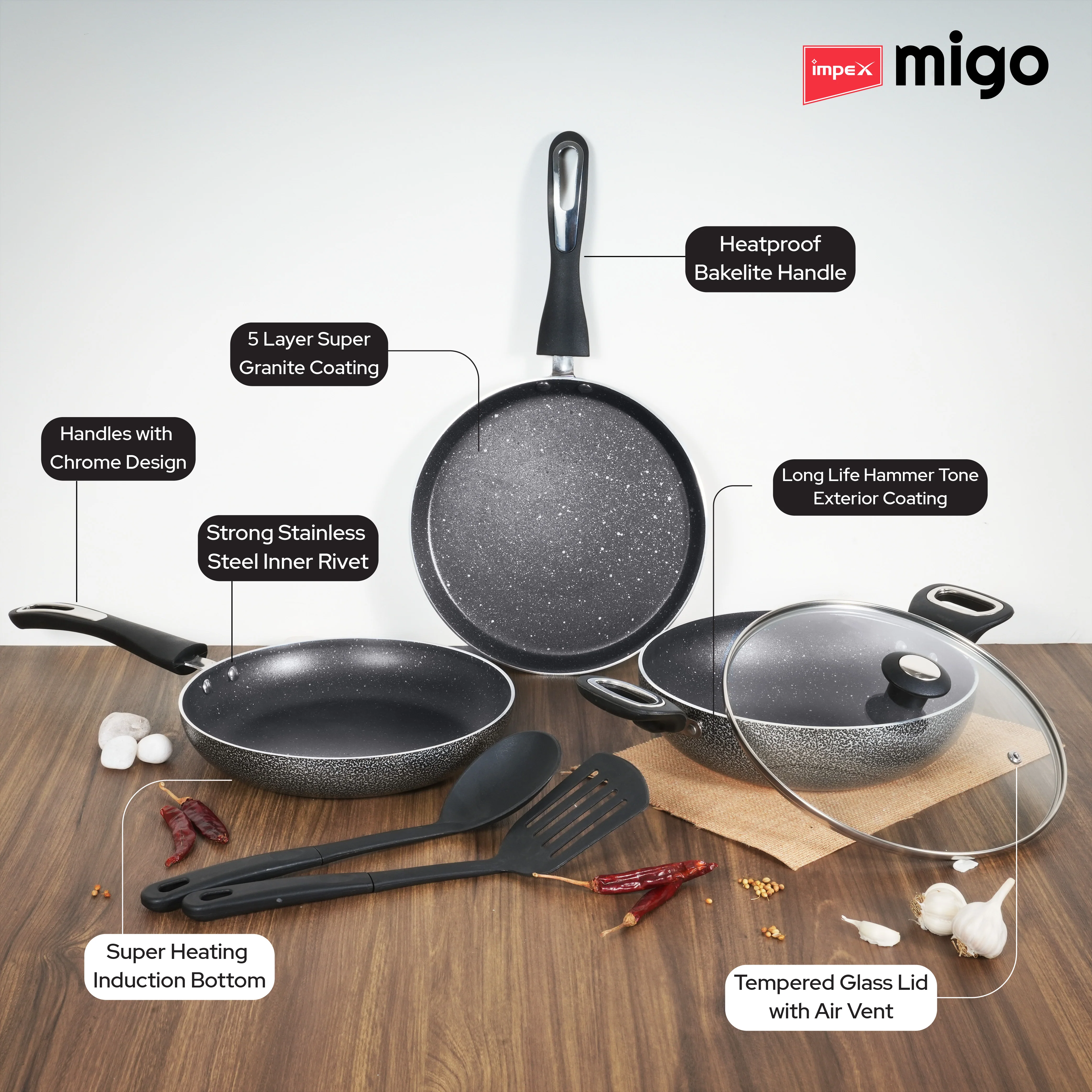 IMPEX Migo Nonstick Granite 6 Pcs Festival Gift Set MFKT(6), 5 Layer Super Granite Induction Bottom - Image 3