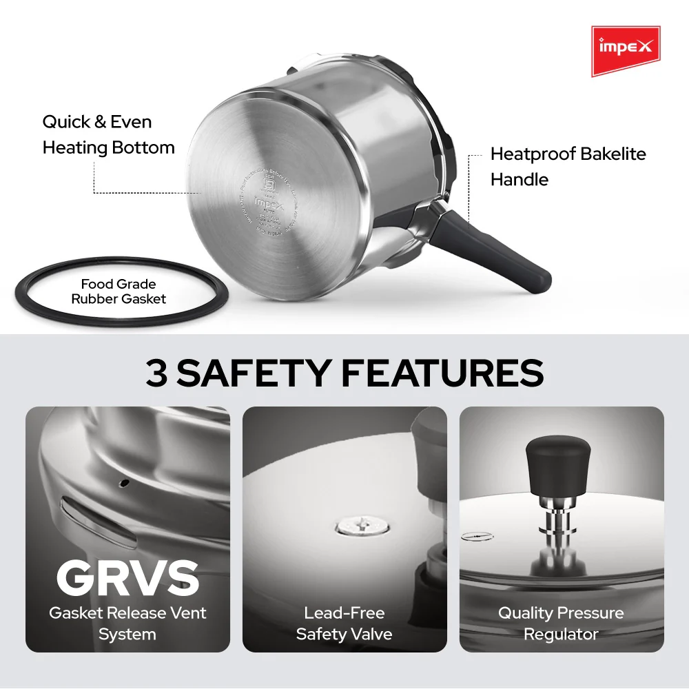 Impex Norma 3 L Non-Induction Base Aluminium Pressure Cooker with Outer Lid (Silver) - Image 3