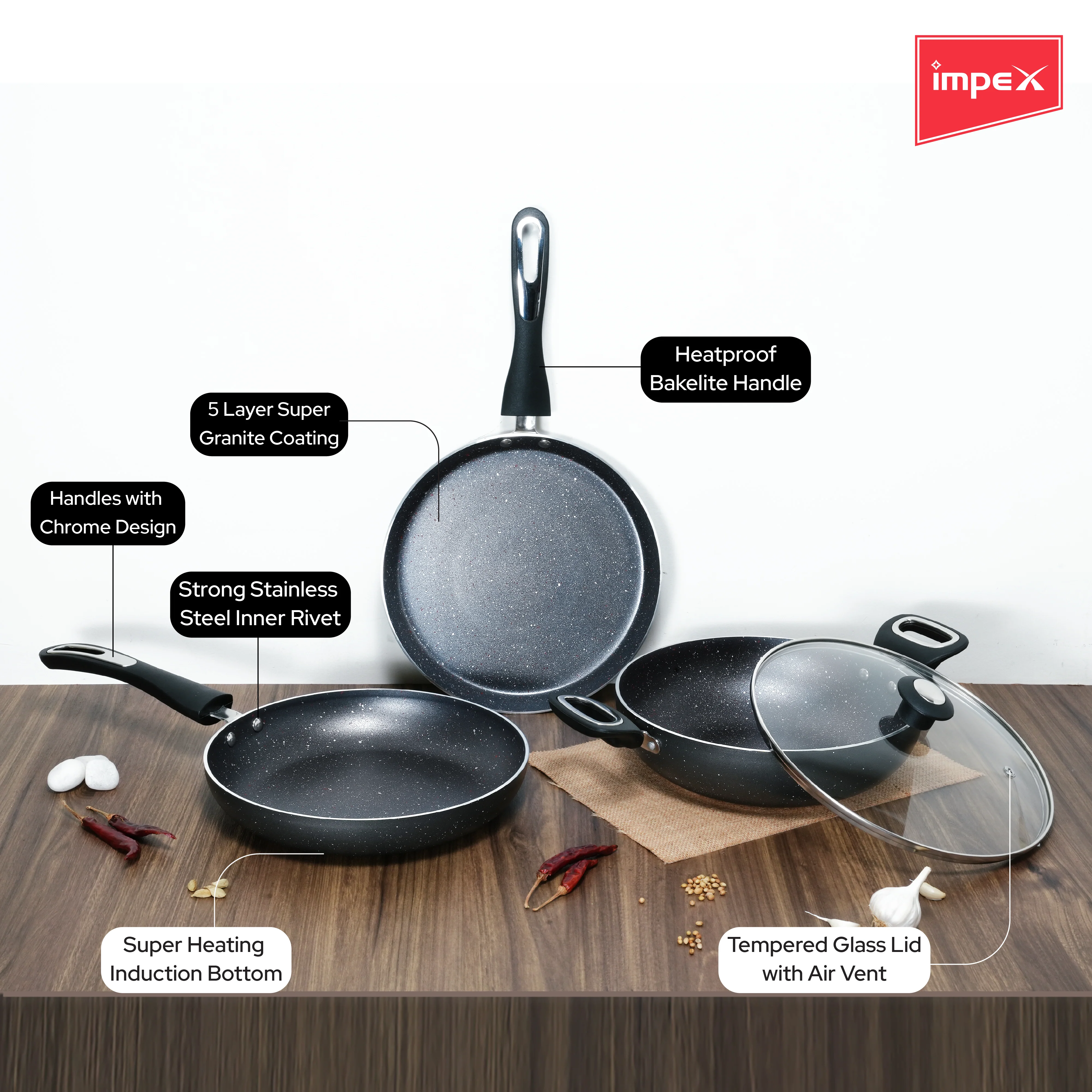 Impex Royal Granite Cookware 4 PCS Set - Grey - Image 3