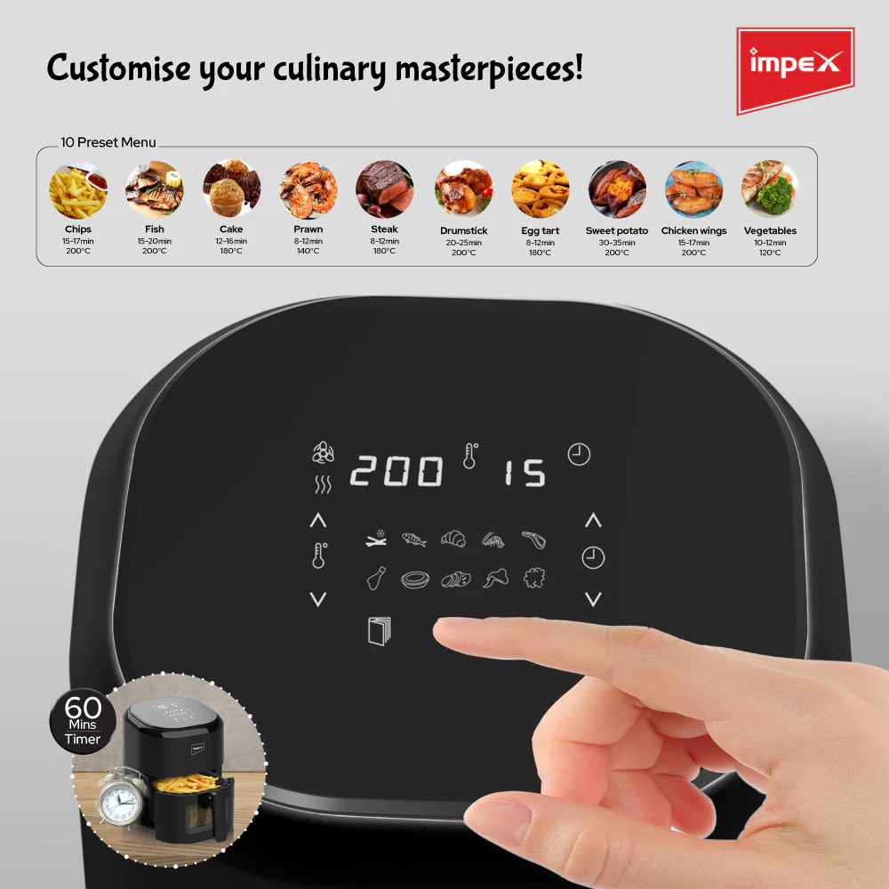 Impex Smart Fry DS45 Air Fryer 4.5 L, 1200 W | 80% Less Oil | Instant Electric Air Fryer | Auto Cut Off | Fry, Defrost, Roast, Grill & Bake | 2 Year Free Home service warranty (Black) - Image 5