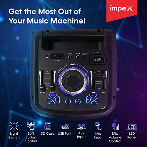 Impex TS-8001 80 Watts Multimedia Portable Trolley Speaker with USB/SD/TF/FM Radio/AUX/Remote/Bluetooth/Wireless Mic & DJ LED Light Function (Black) - Image 4